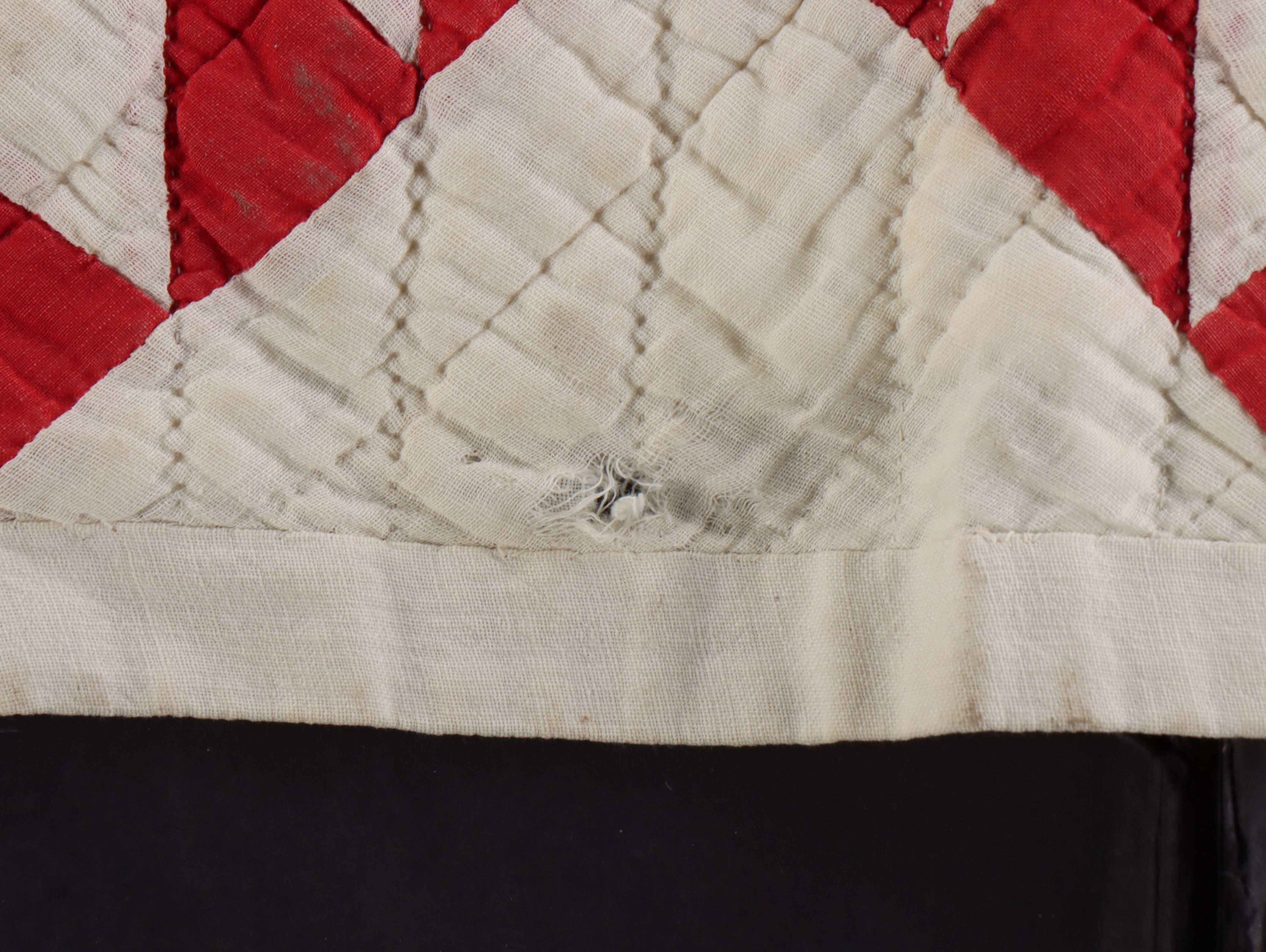 Hand-Pieced "Ohio Star" Cotton Quilt with Floral Needlework Panel