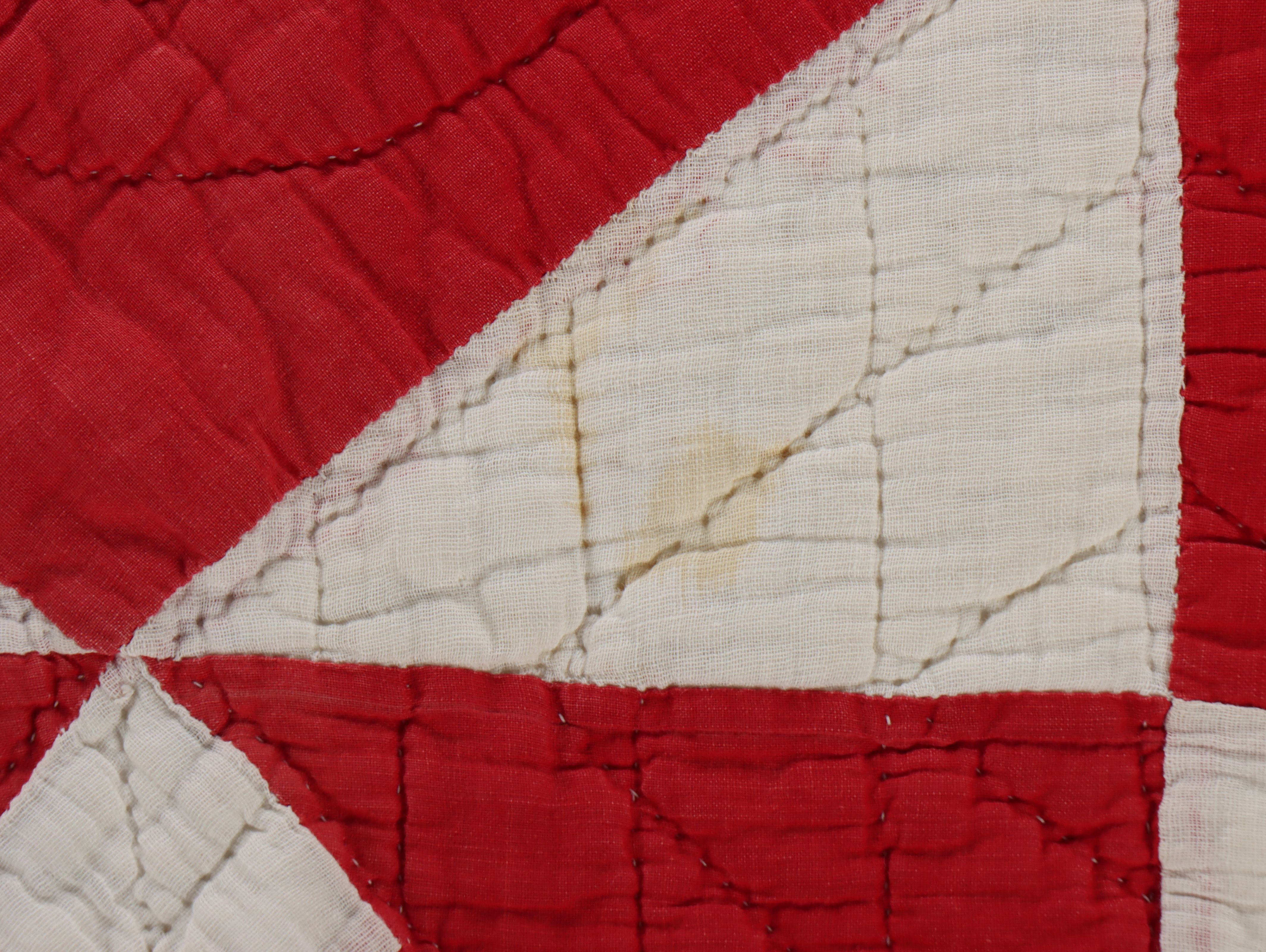 Hand-Pieced "Ohio Star" Cotton Quilt with Floral Needlework Panel