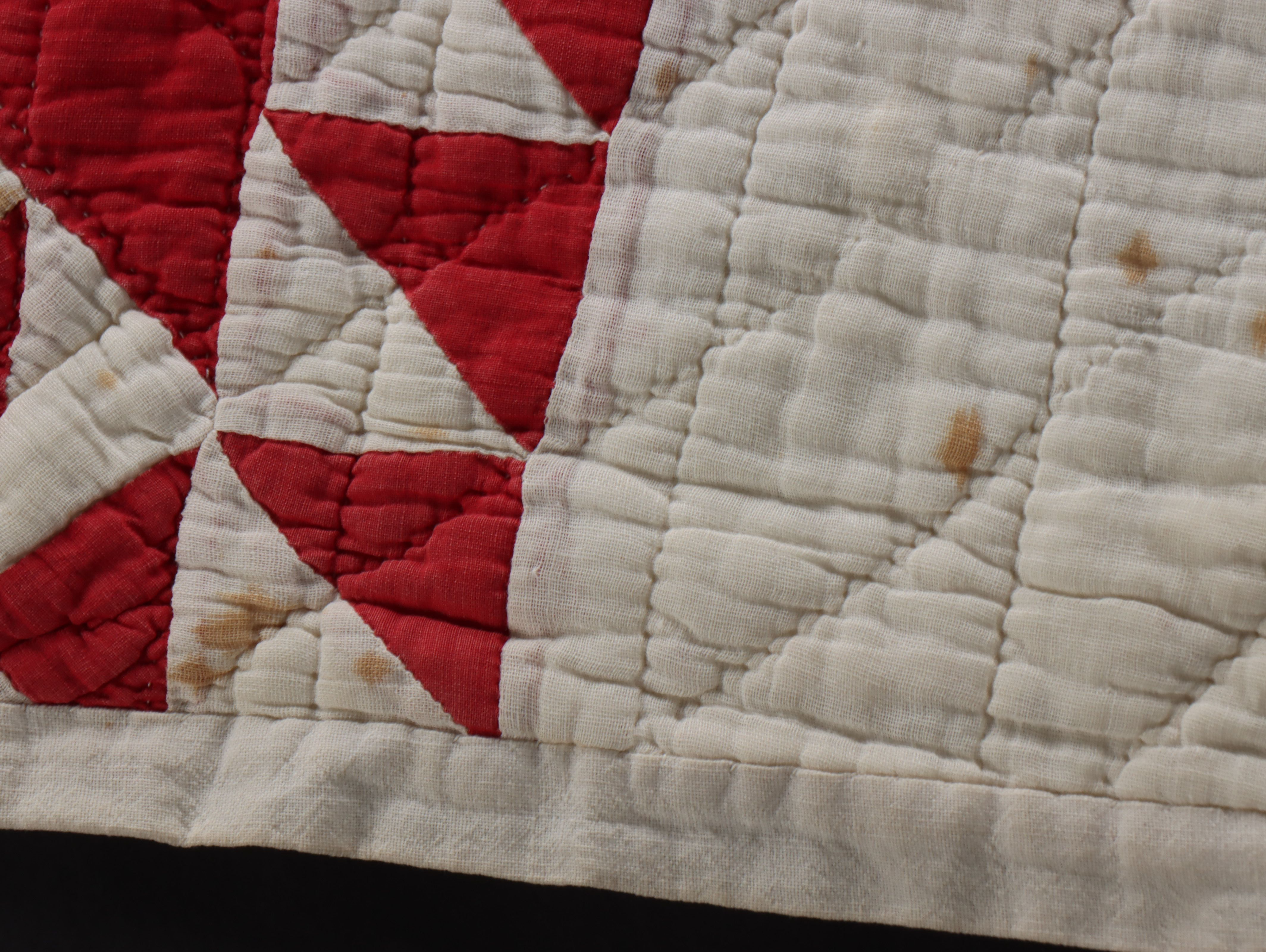 Hand-Pieced "Ohio Star" Cotton Quilt with Floral Needlework Panel