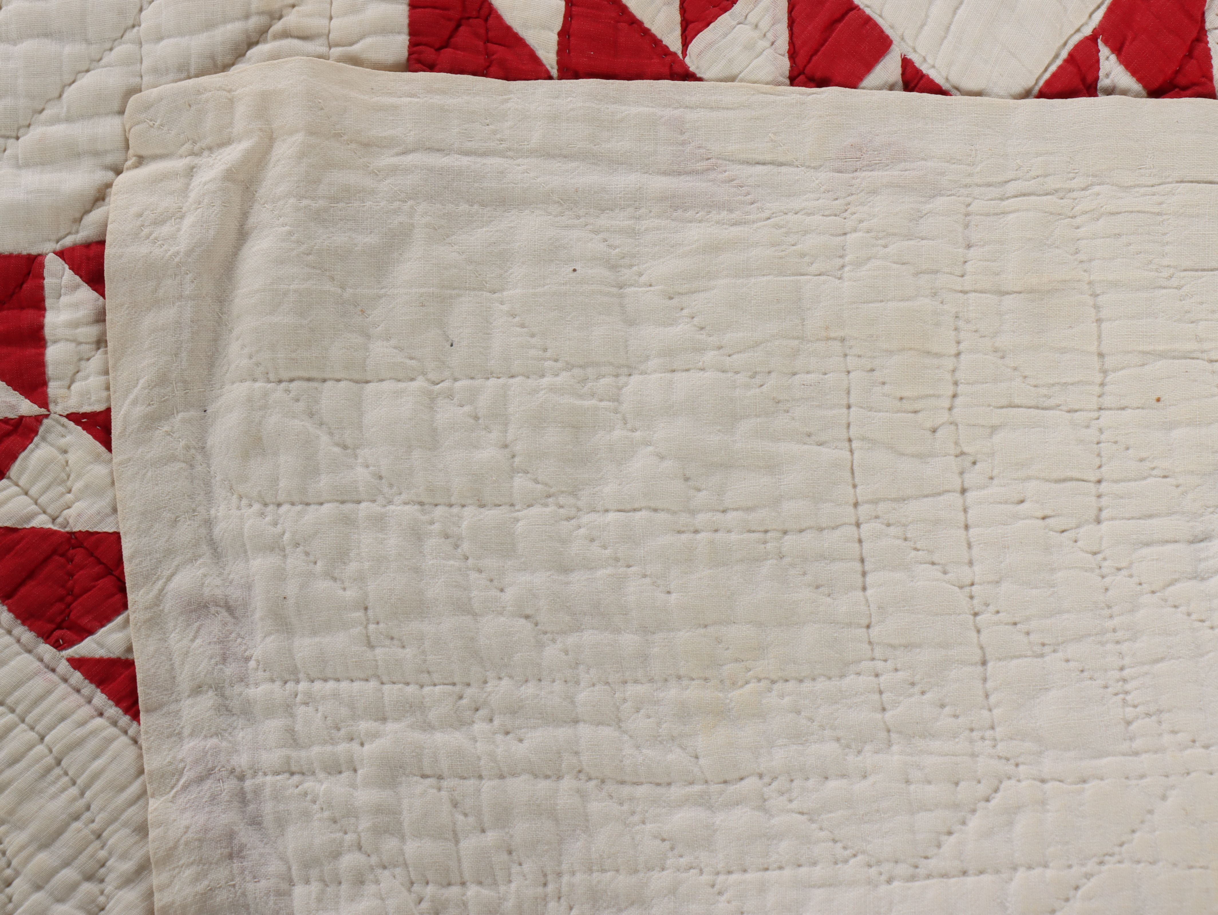 Hand-Pieced "Ohio Star" Cotton Quilt with Floral Needlework Panel