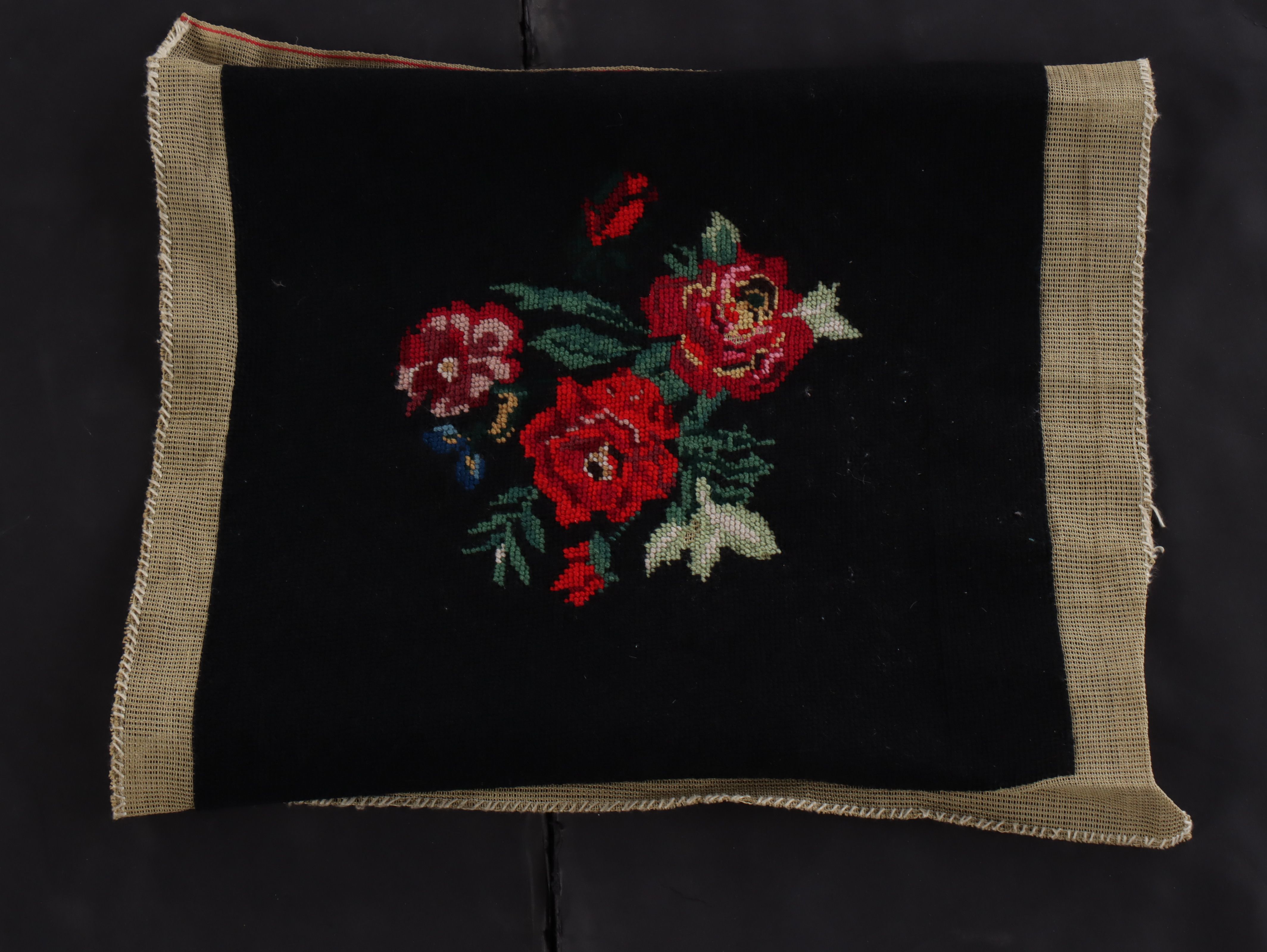 Hand-Pieced "Ohio Star" Cotton Quilt with Floral Needlework Panel