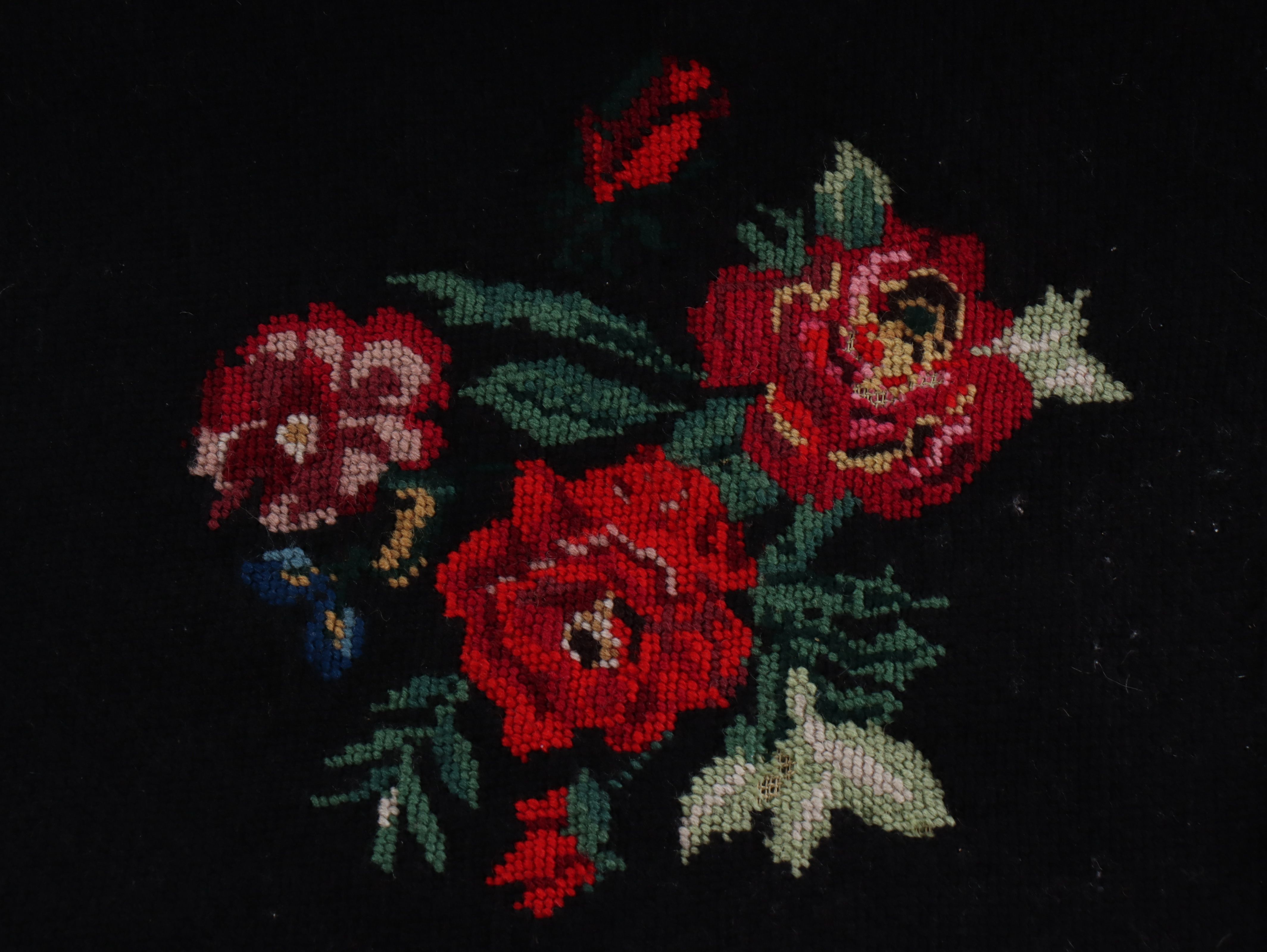 Hand-Pieced "Ohio Star" Cotton Quilt with Floral Needlework Panel