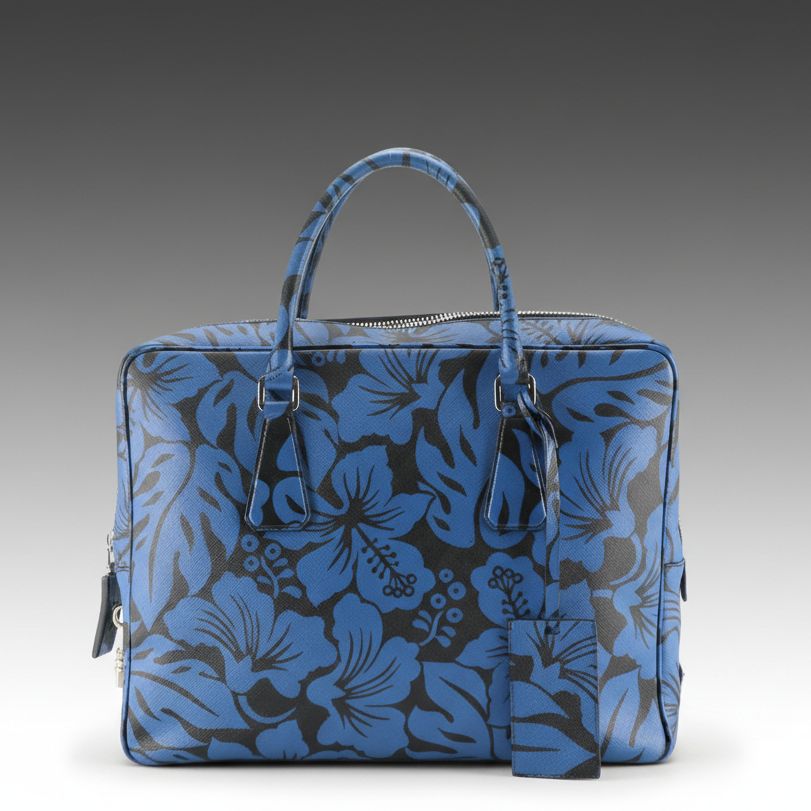 Prada Zip-Around Business Bag in Blue Hibiscus Flower Printed Saffiano Leather