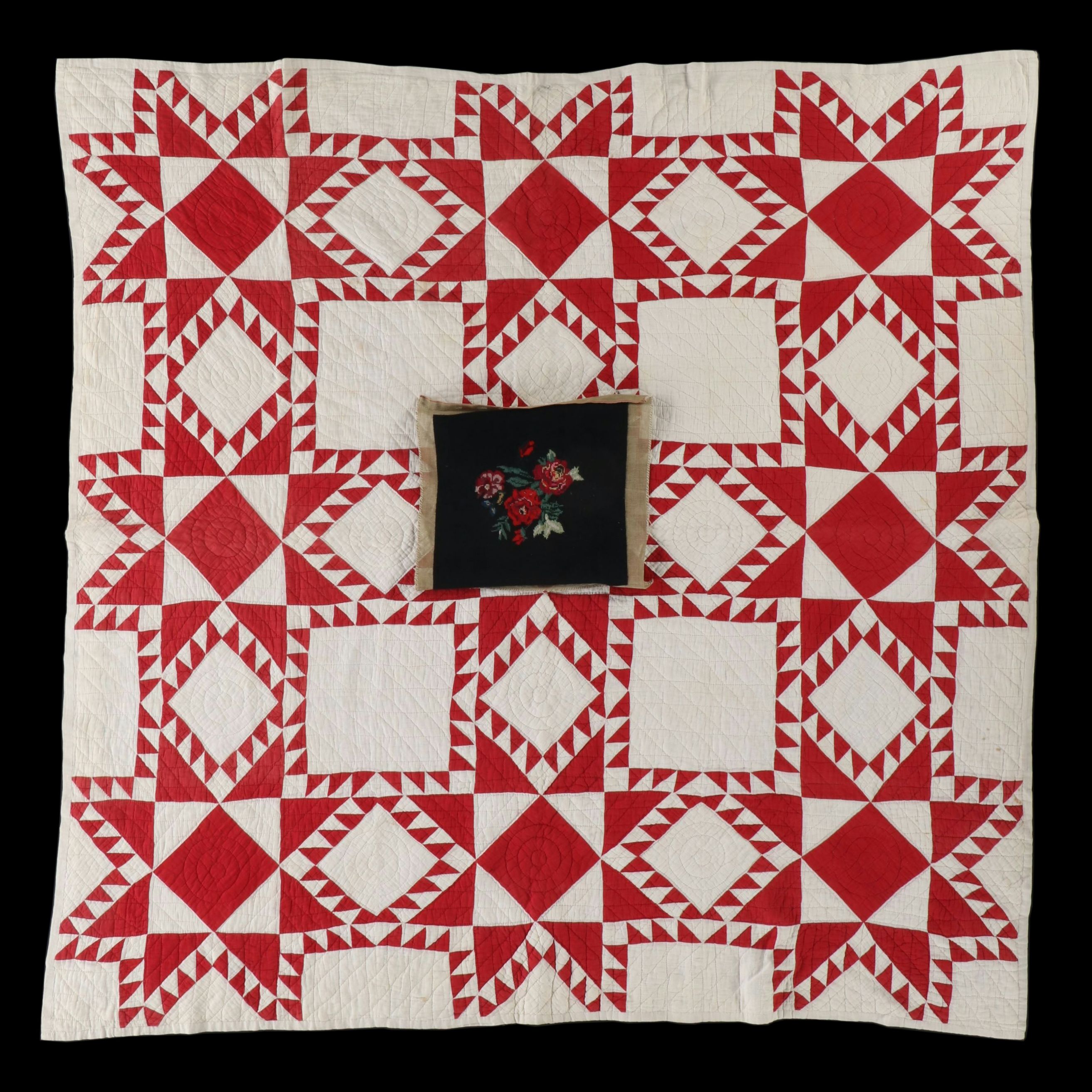 Hand-Pieced "Ohio Star" Cotton Quilt with Floral Needlework Panel