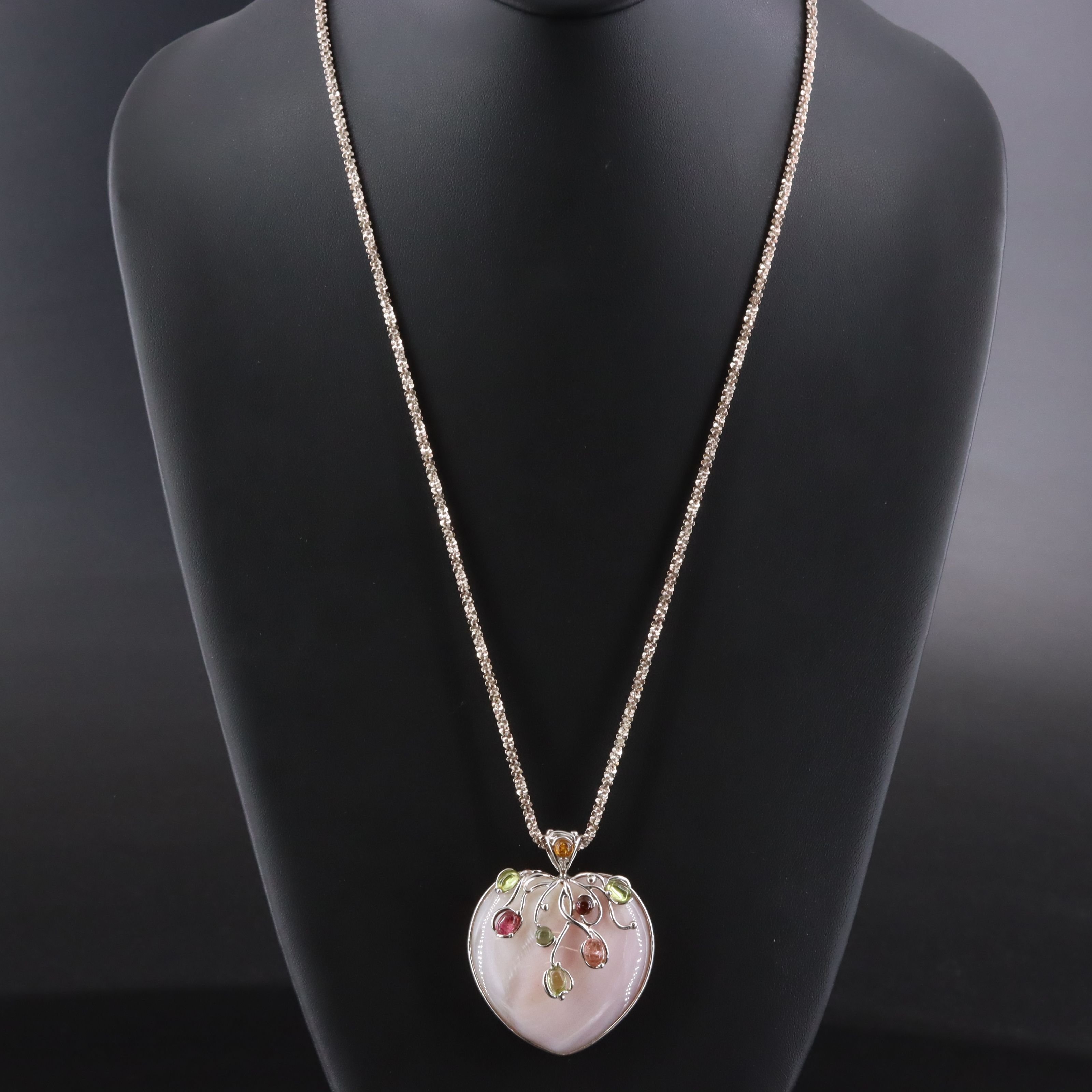 Sterling Shell and Tourmaline Heart Pendant Necklace