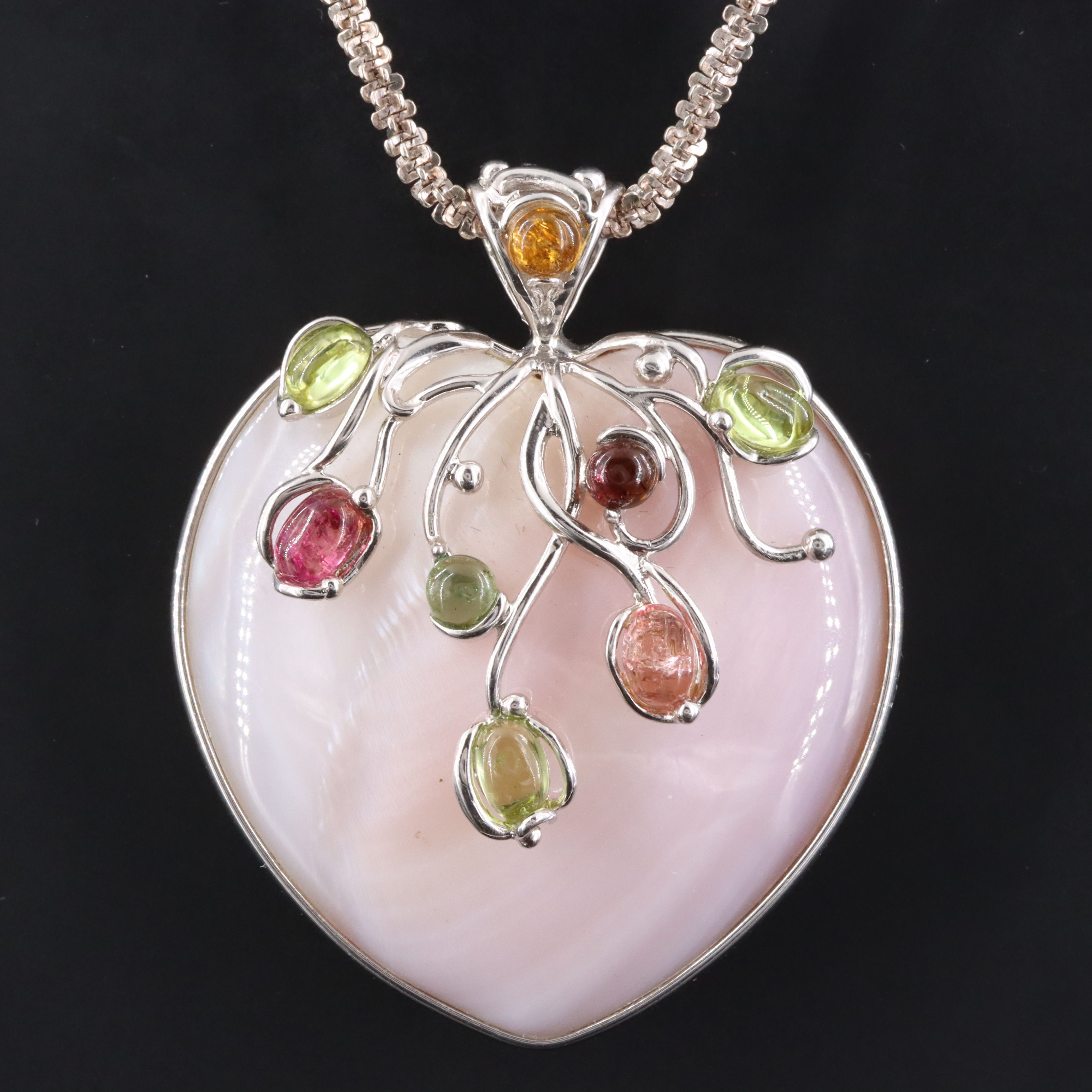 Sterling Shell and Tourmaline Heart Pendant Necklace