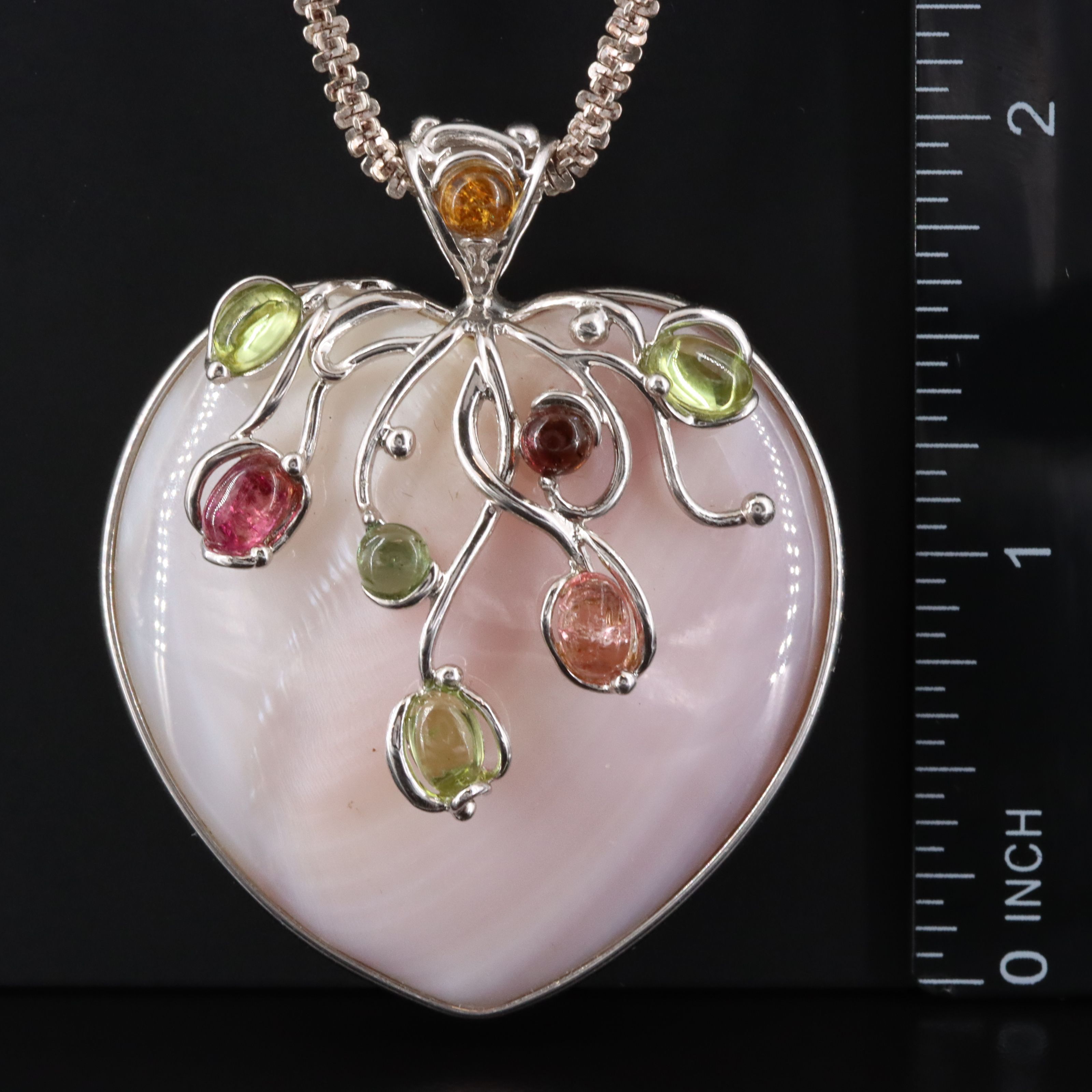 Sterling Shell and Tourmaline Heart Pendant Necklace