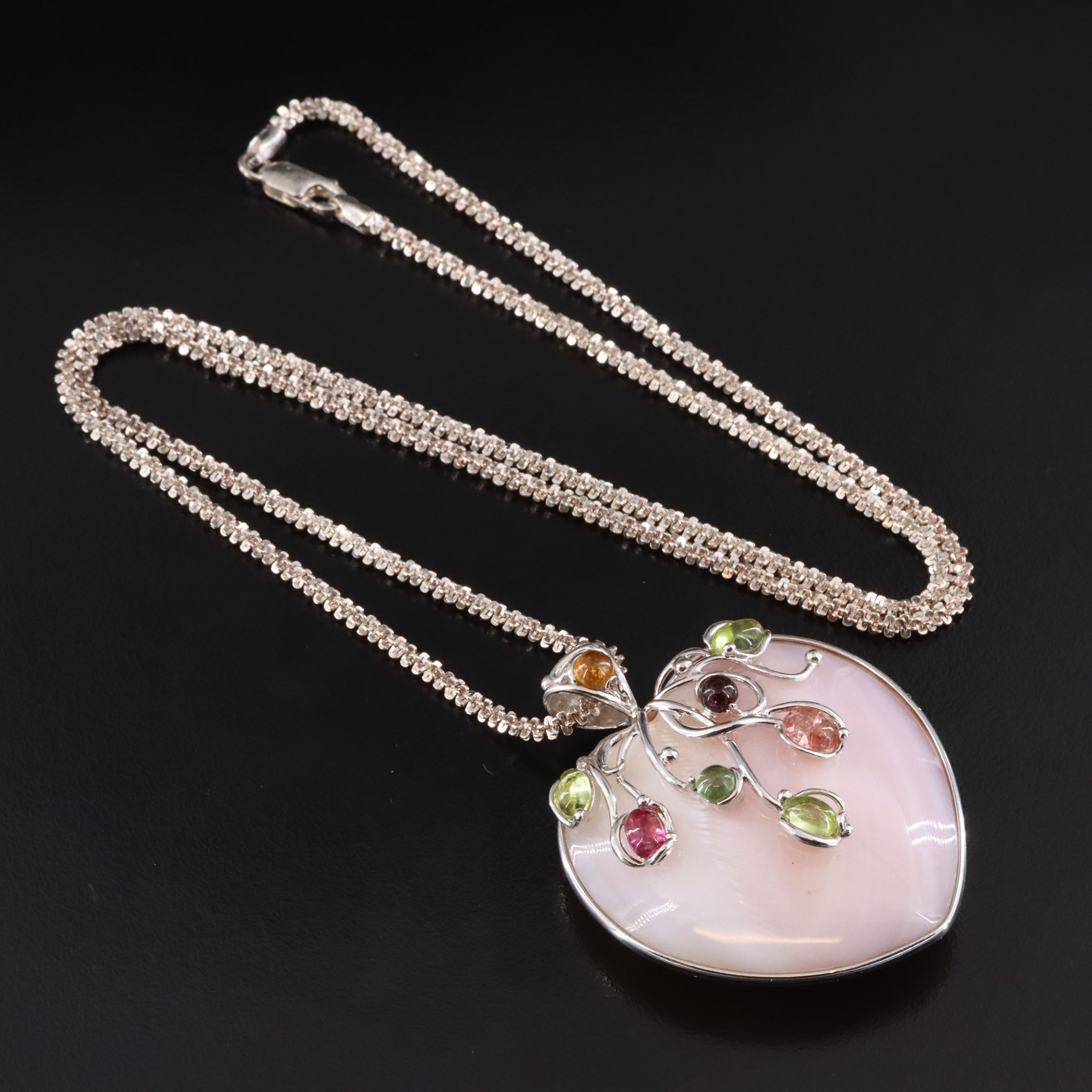 Sterling Shell and Tourmaline Heart Pendant Necklace