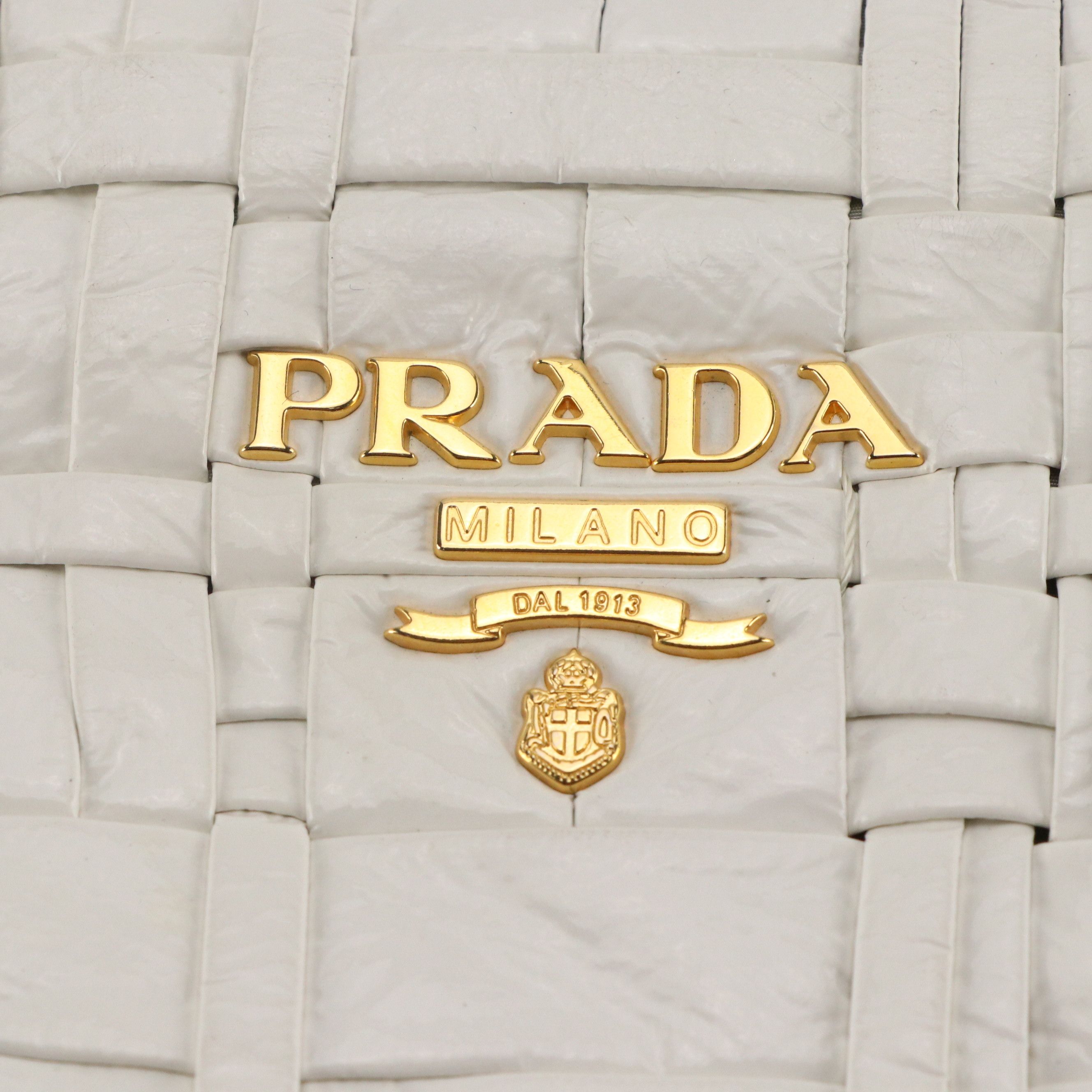 Prada Zip Pouch in White Shiny Woven Crinkled Calfskin Leather