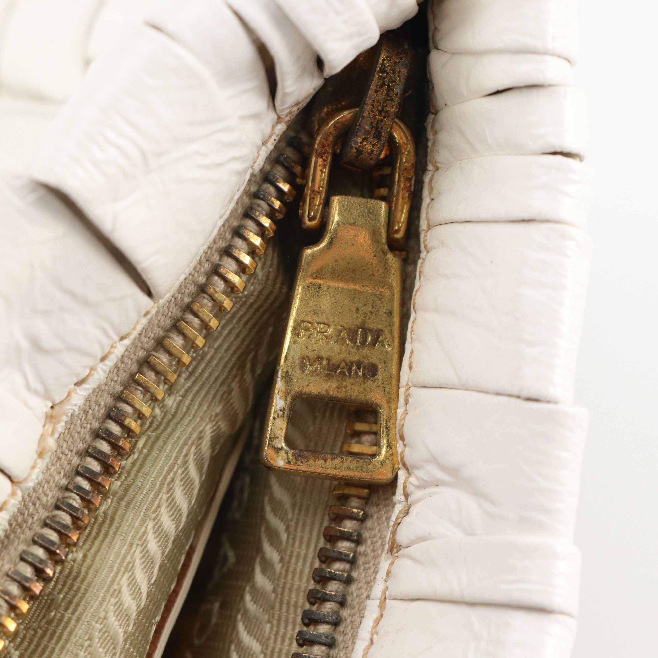 Prada Zip Pouch in White Shiny Woven Crinkled Calfskin Leather