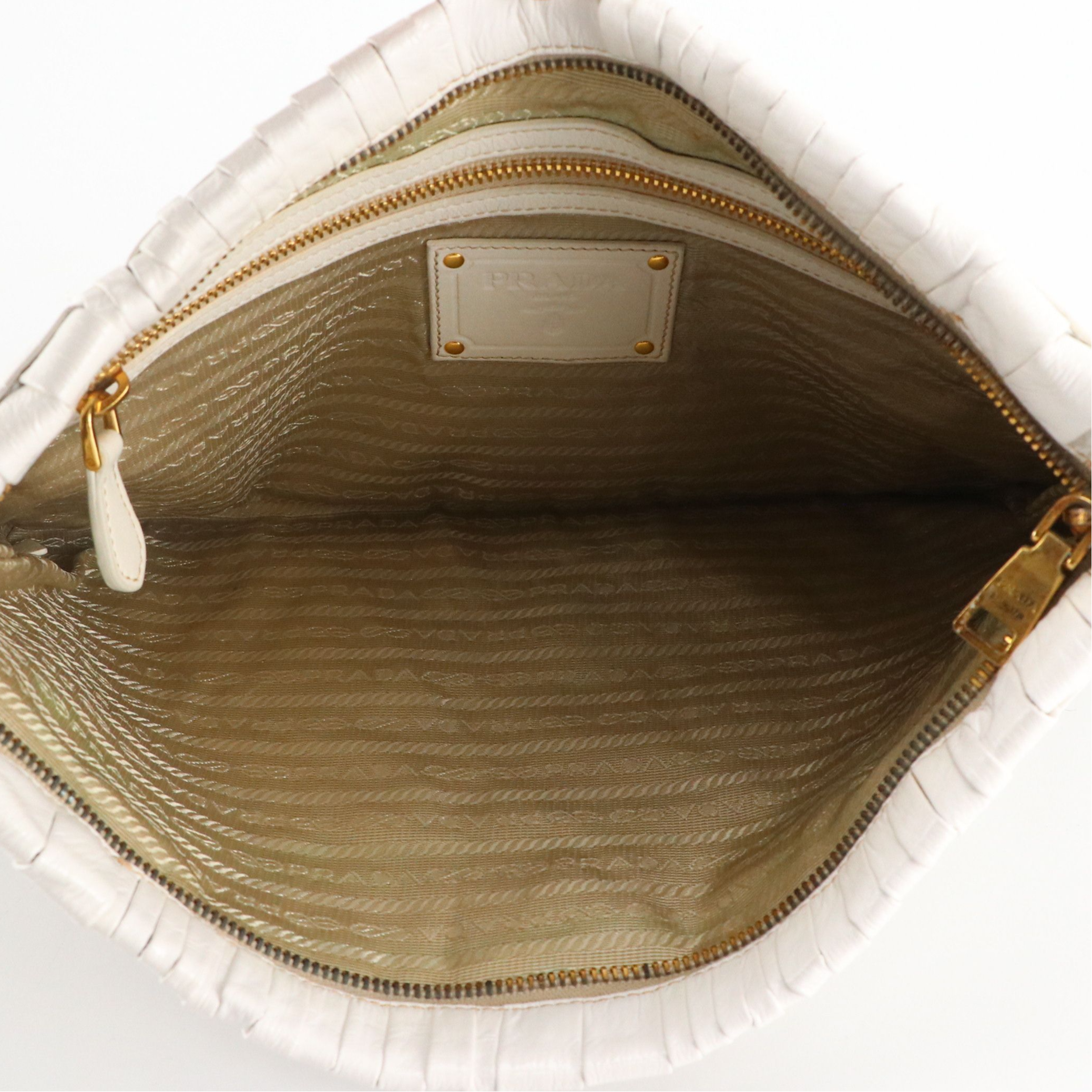 Prada Zip Pouch in White Shiny Woven Crinkled Calfskin Leather