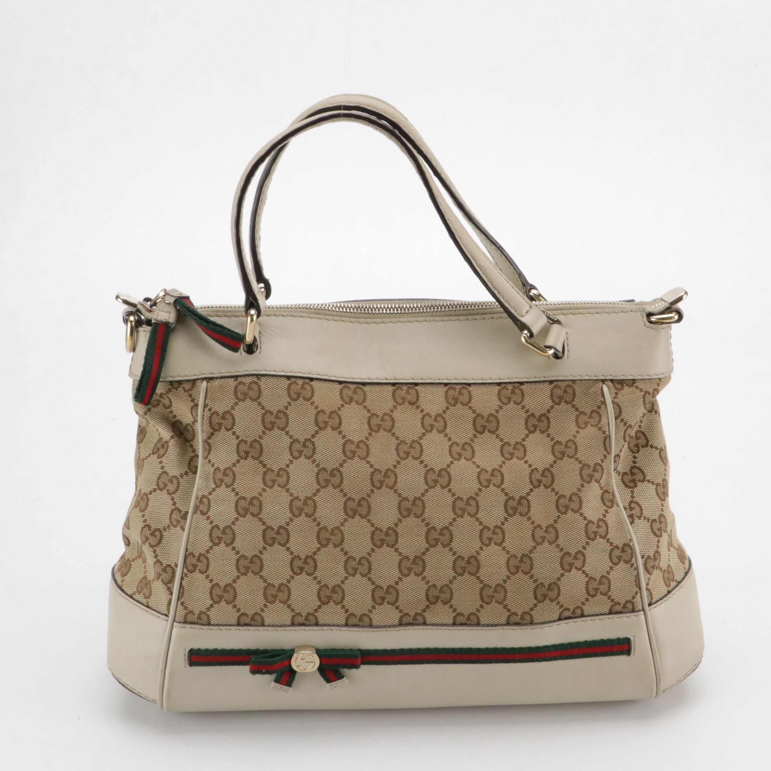 Gucci Mayfair Two-Way Satchel Bag in Monogram Canvas, White Leather & Web Accent