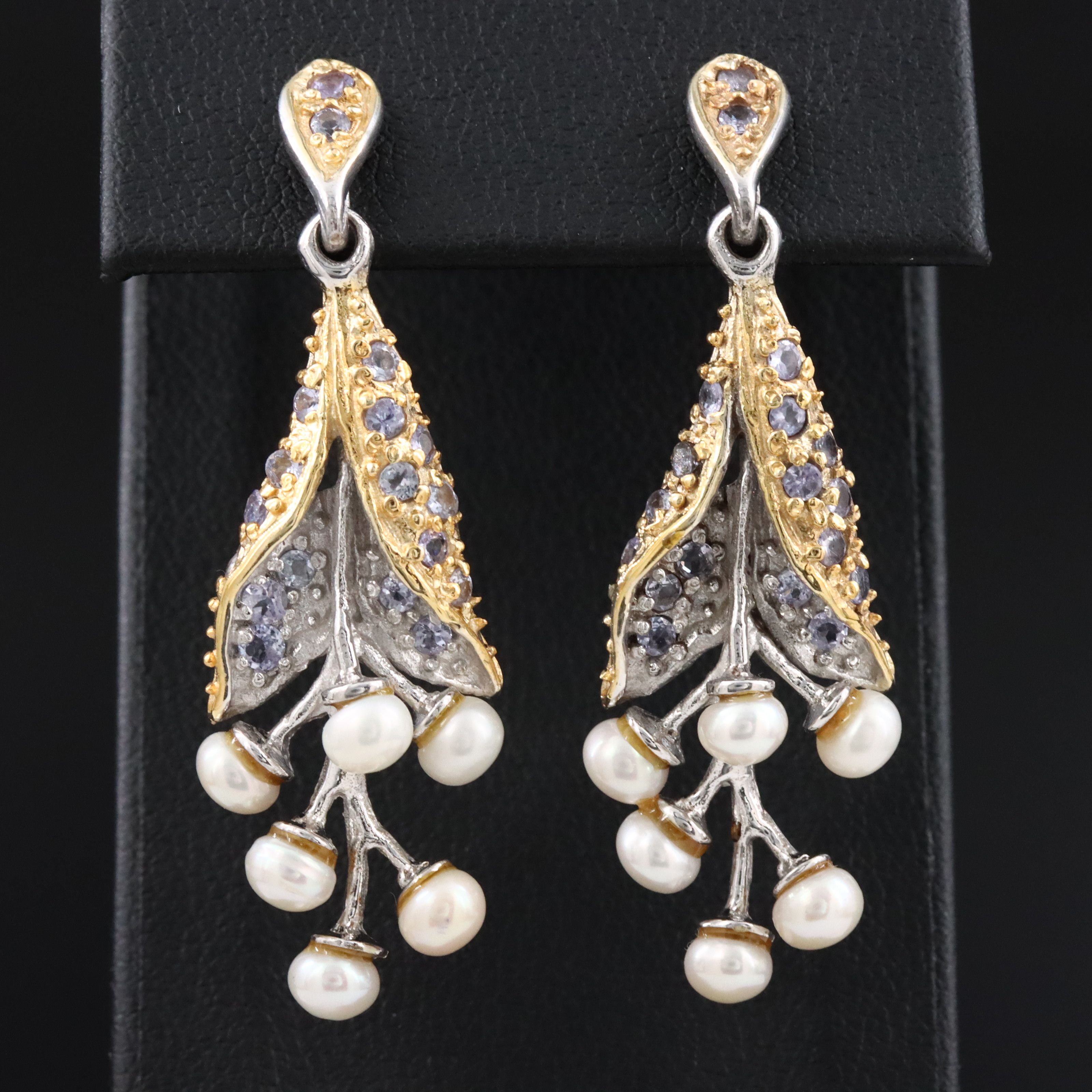 Sterling Pearl and Tanzanite Drop Earrings
