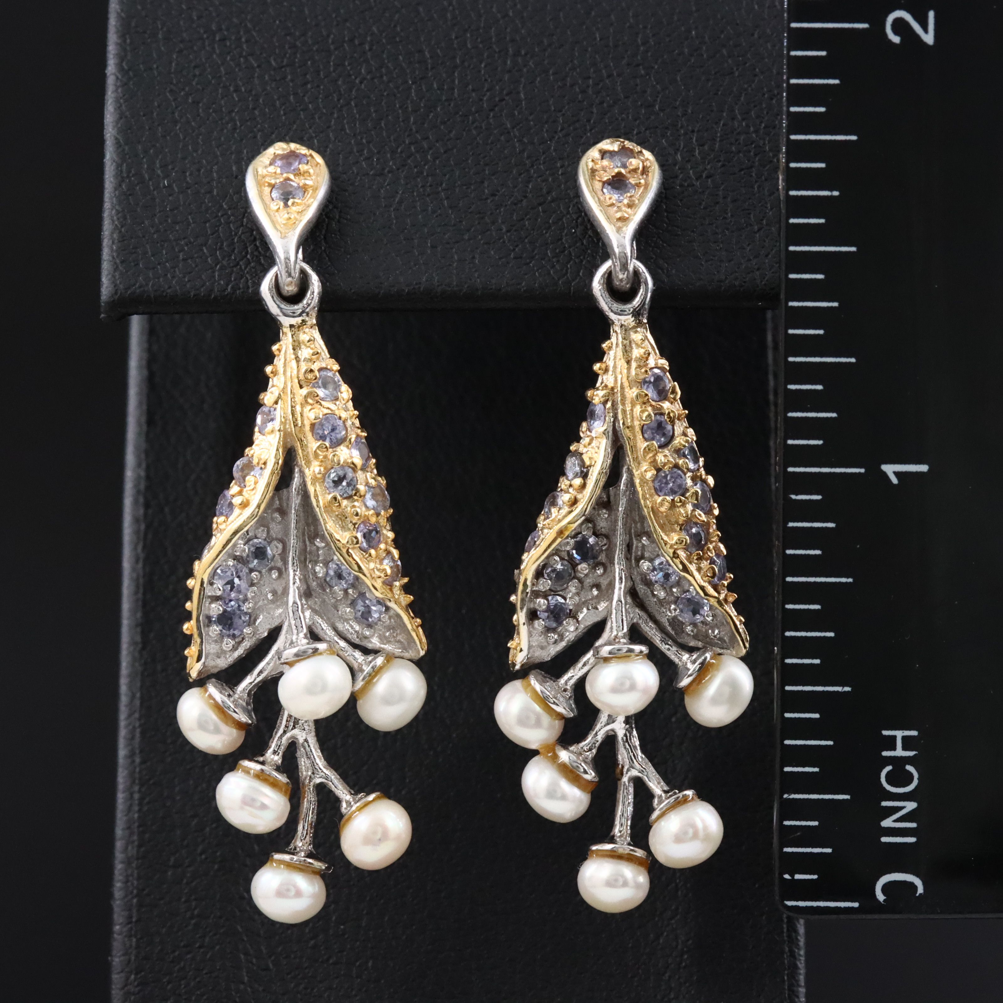 Sterling Pearl and Tanzanite Drop Earrings