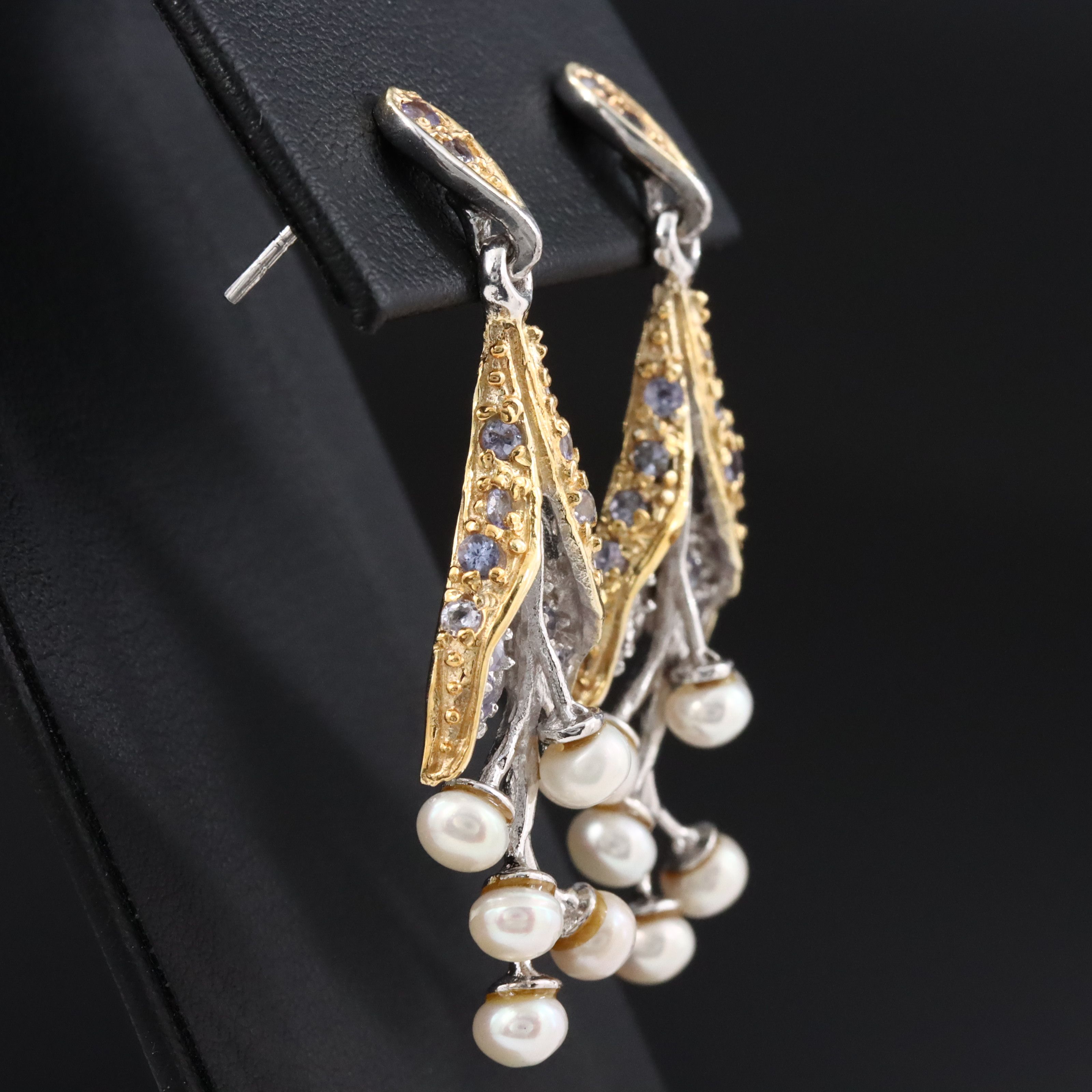 Sterling Pearl and Tanzanite Drop Earrings