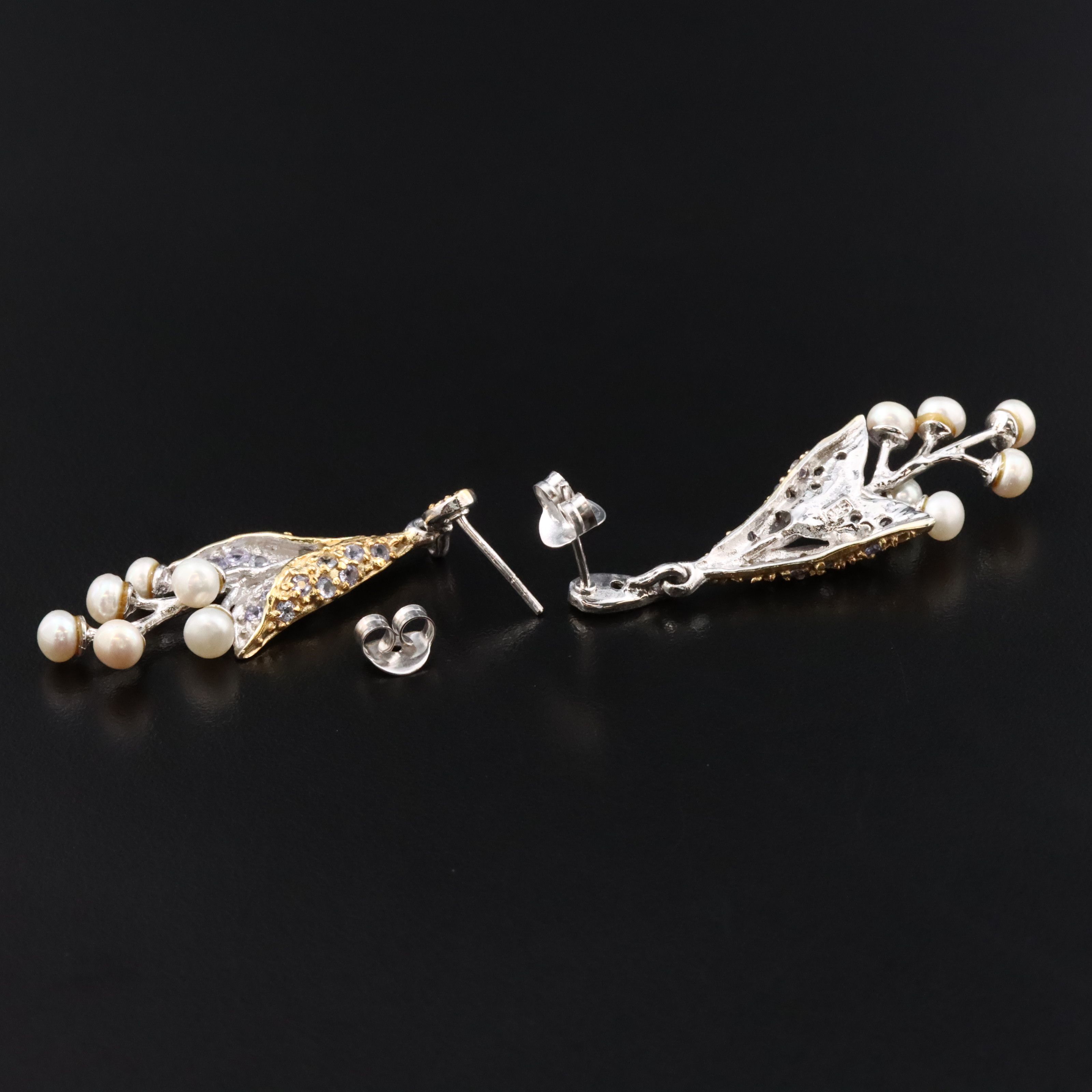 Sterling Pearl and Tanzanite Drop Earrings