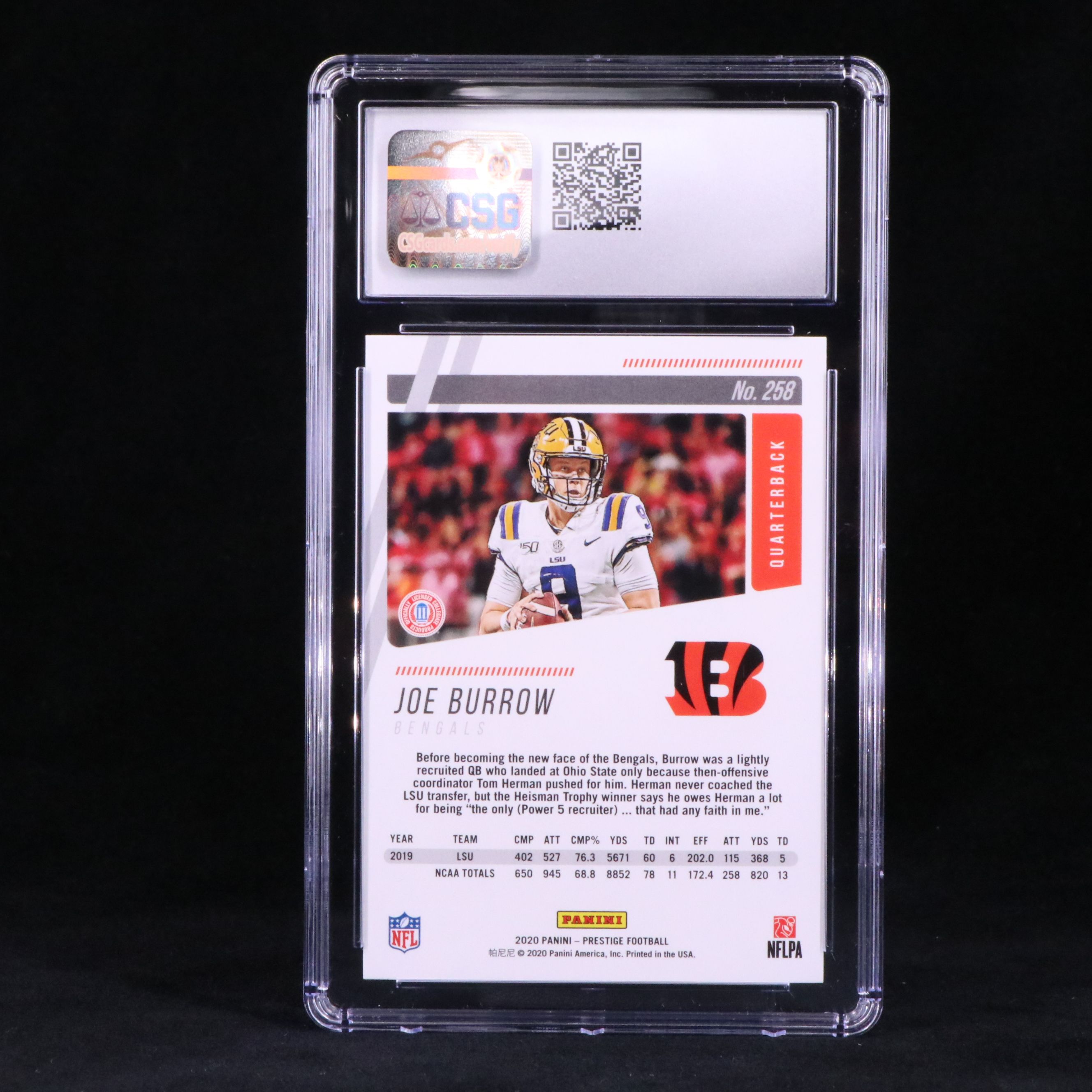2020 Prestige Joe Burrow Cincinnati Bengals Rookie Football Card Graded CSG 10