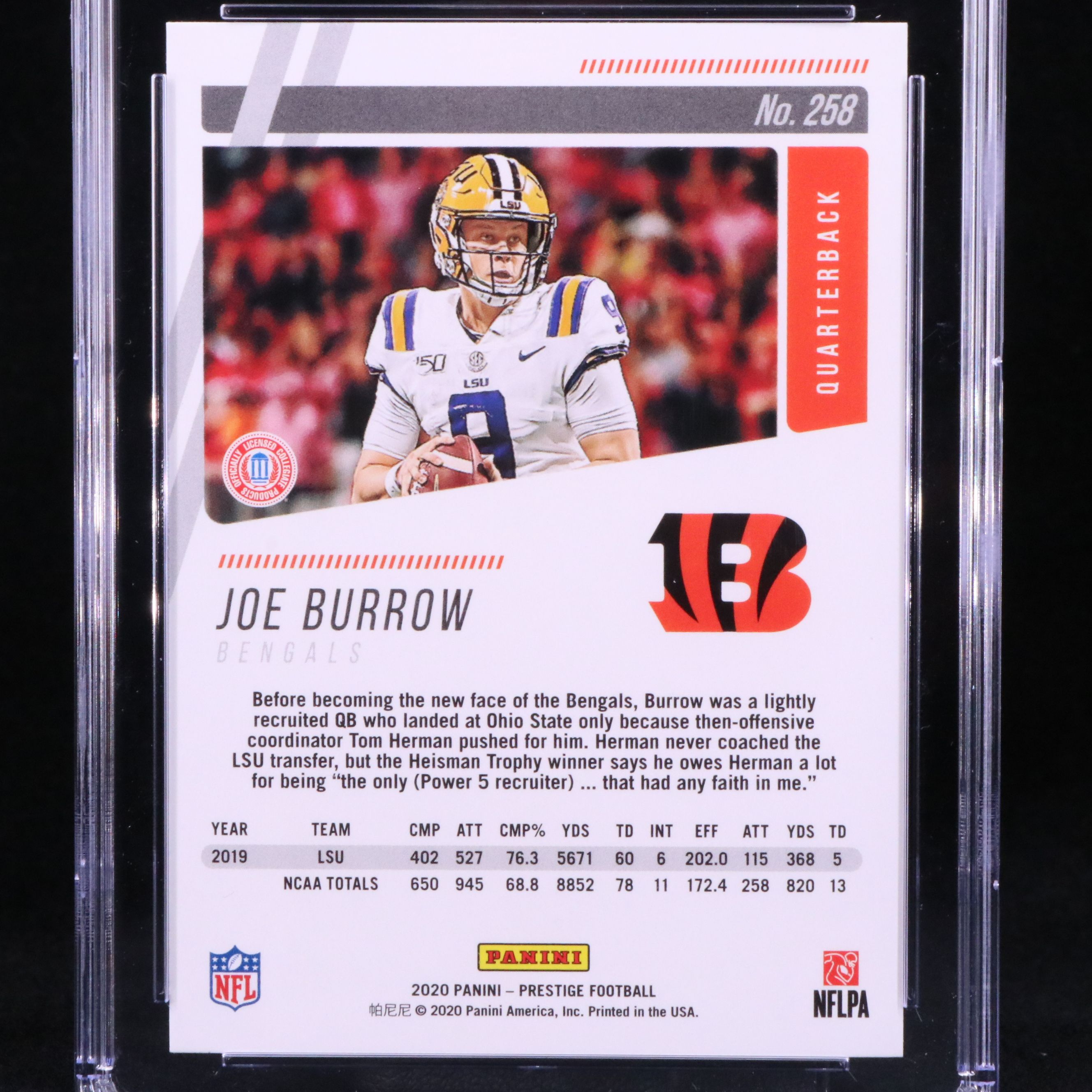 2020 Prestige Joe Burrow Cincinnati Bengals Rookie Football Card Graded CSG 10