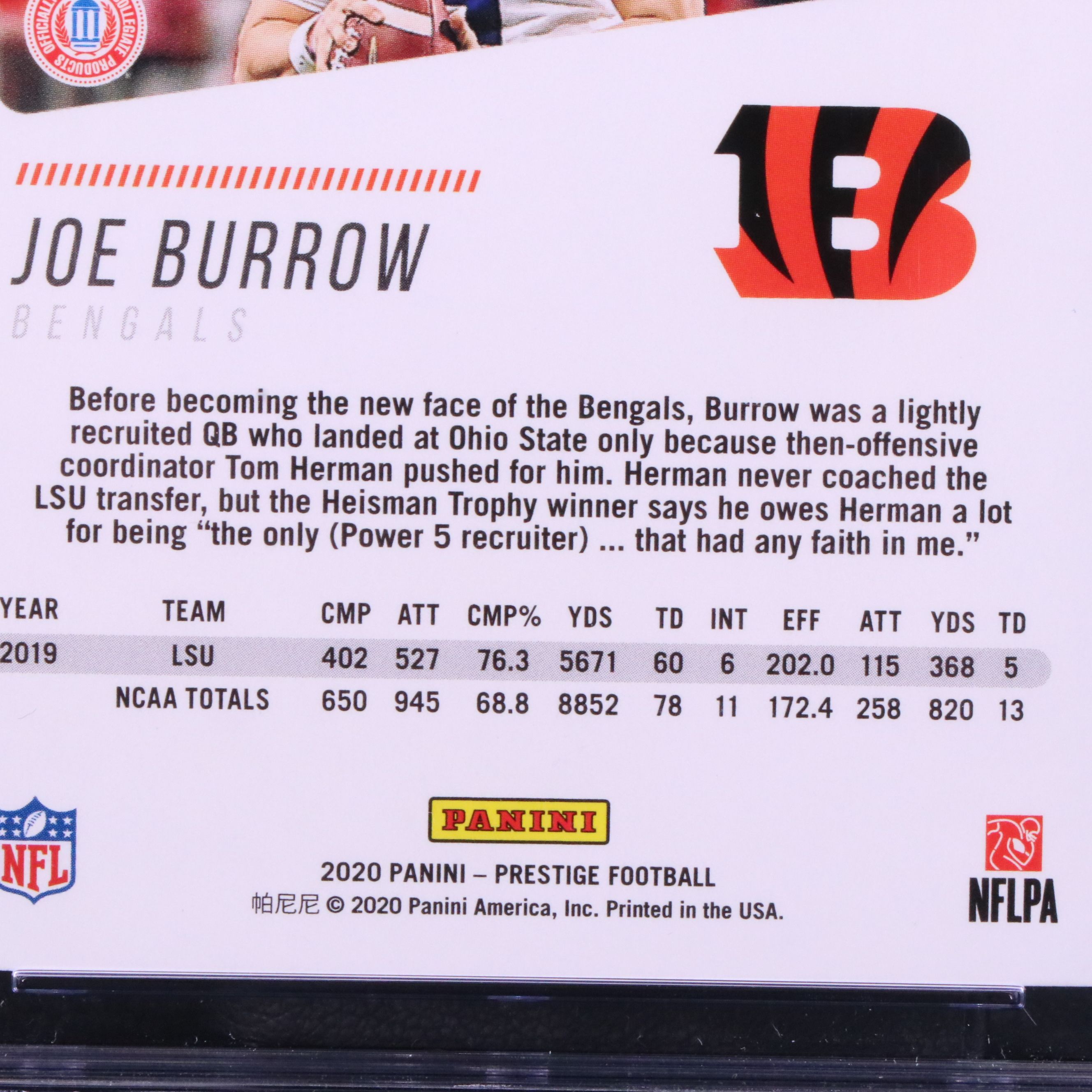 2020 Prestige Joe Burrow Cincinnati Bengals Rookie Football Card Graded CSG 10
