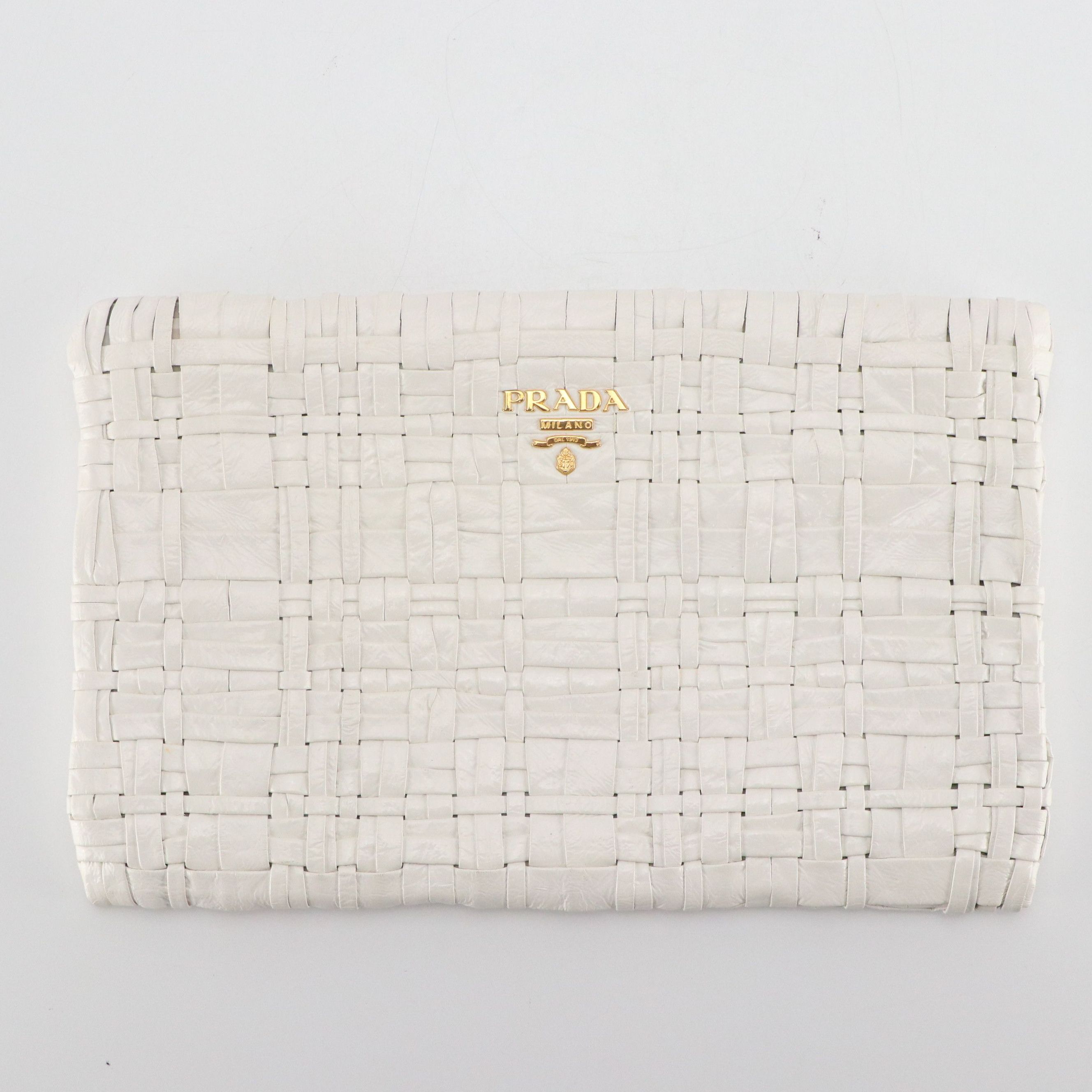 Prada Zip Pouch in White Shiny Woven Crinkled Calfskin Leather