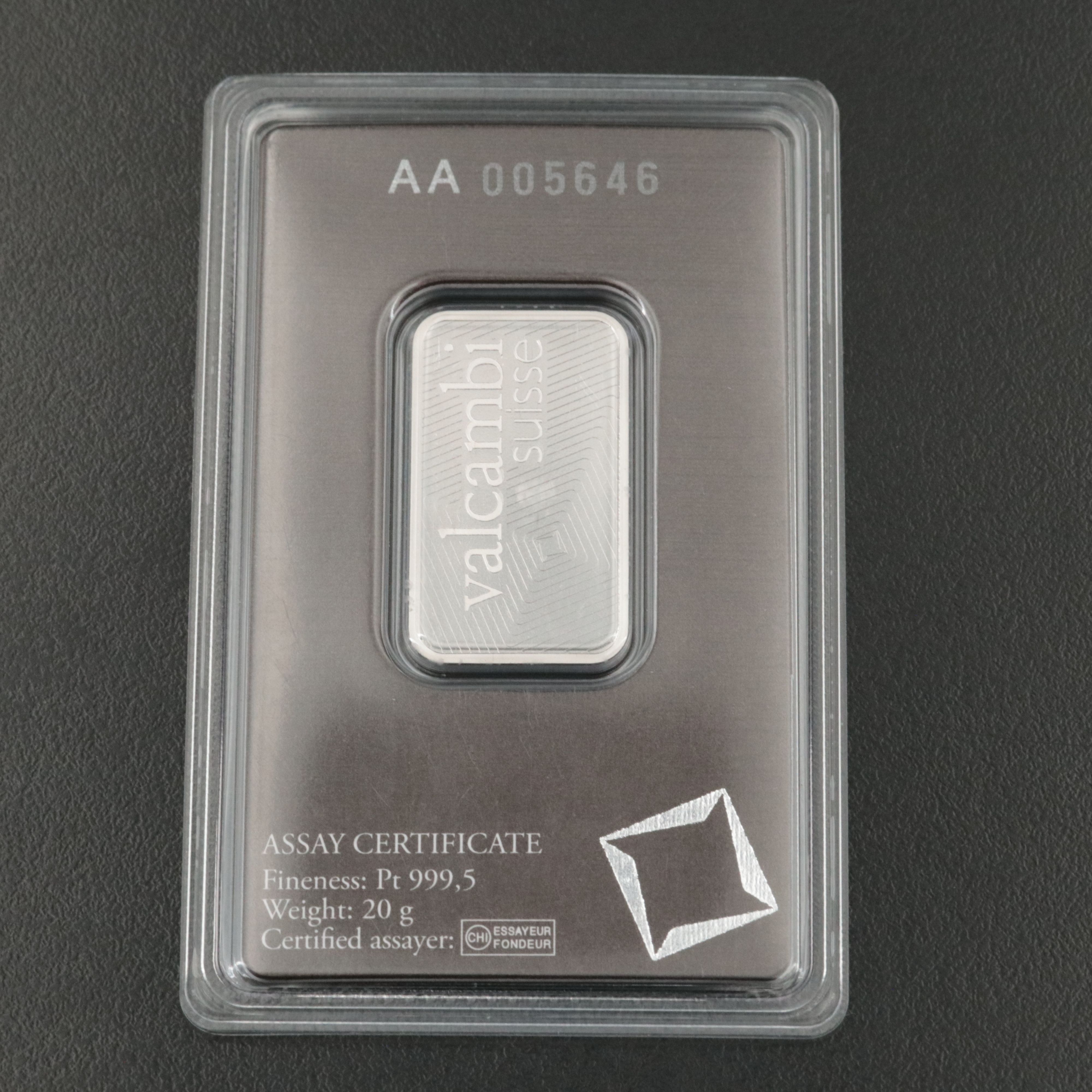 Valcambi Suisse Twenty Gram .9995 Platinum Bar