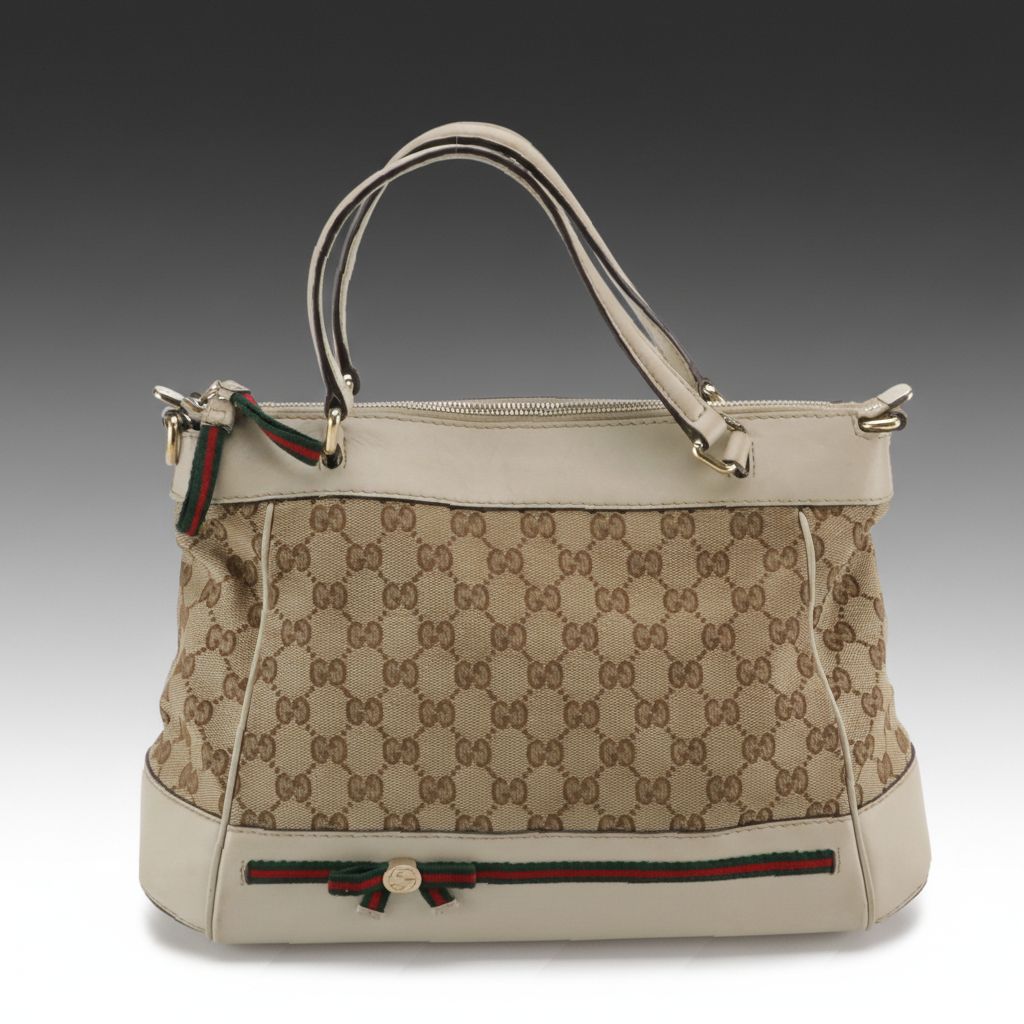Gucci Mayfair Two-Way Satchel Bag in Monogram Canvas, White Leather & Web Accent