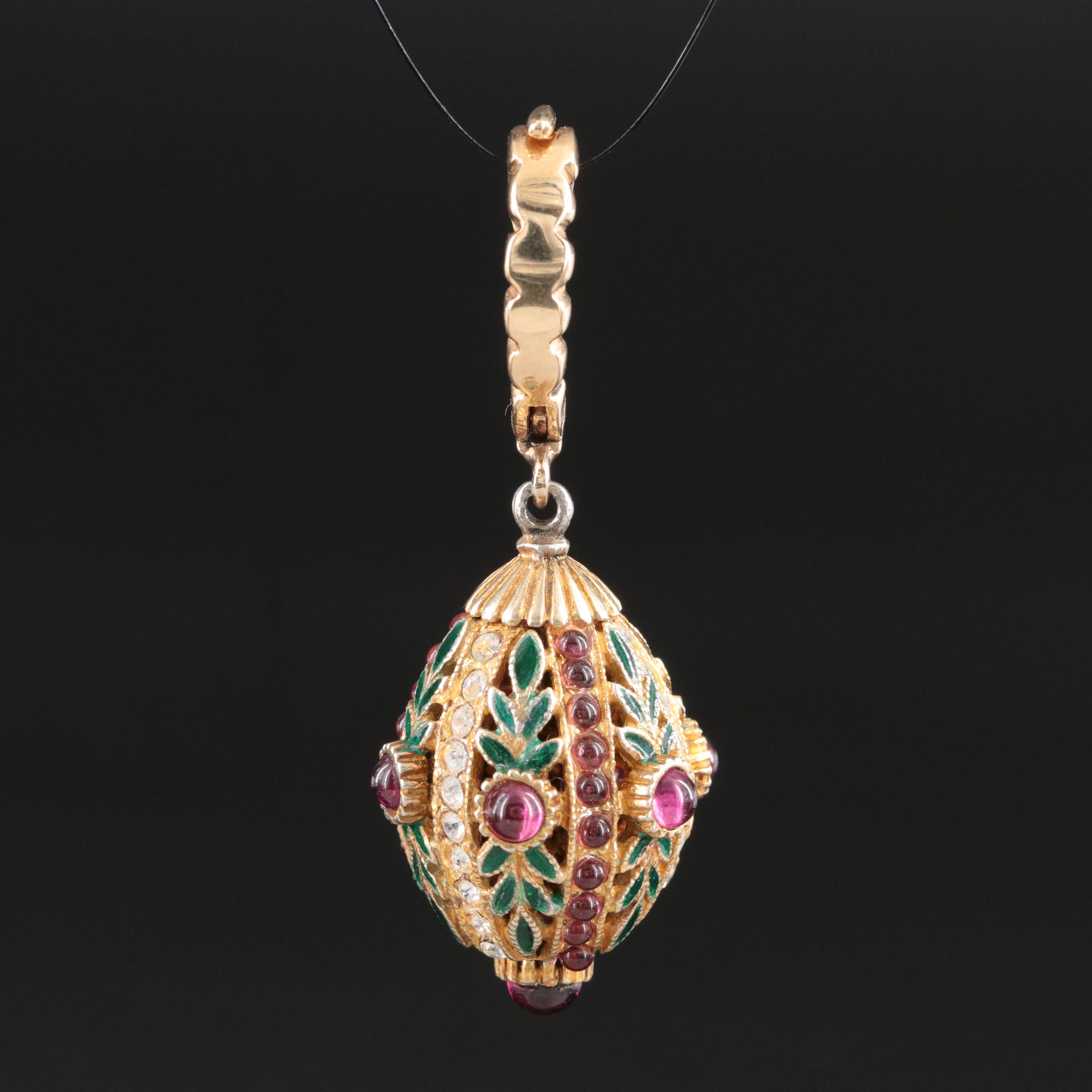 Garnet, Rhinestone, and Enamel Ornate Egg Pendant with 14K Clasp