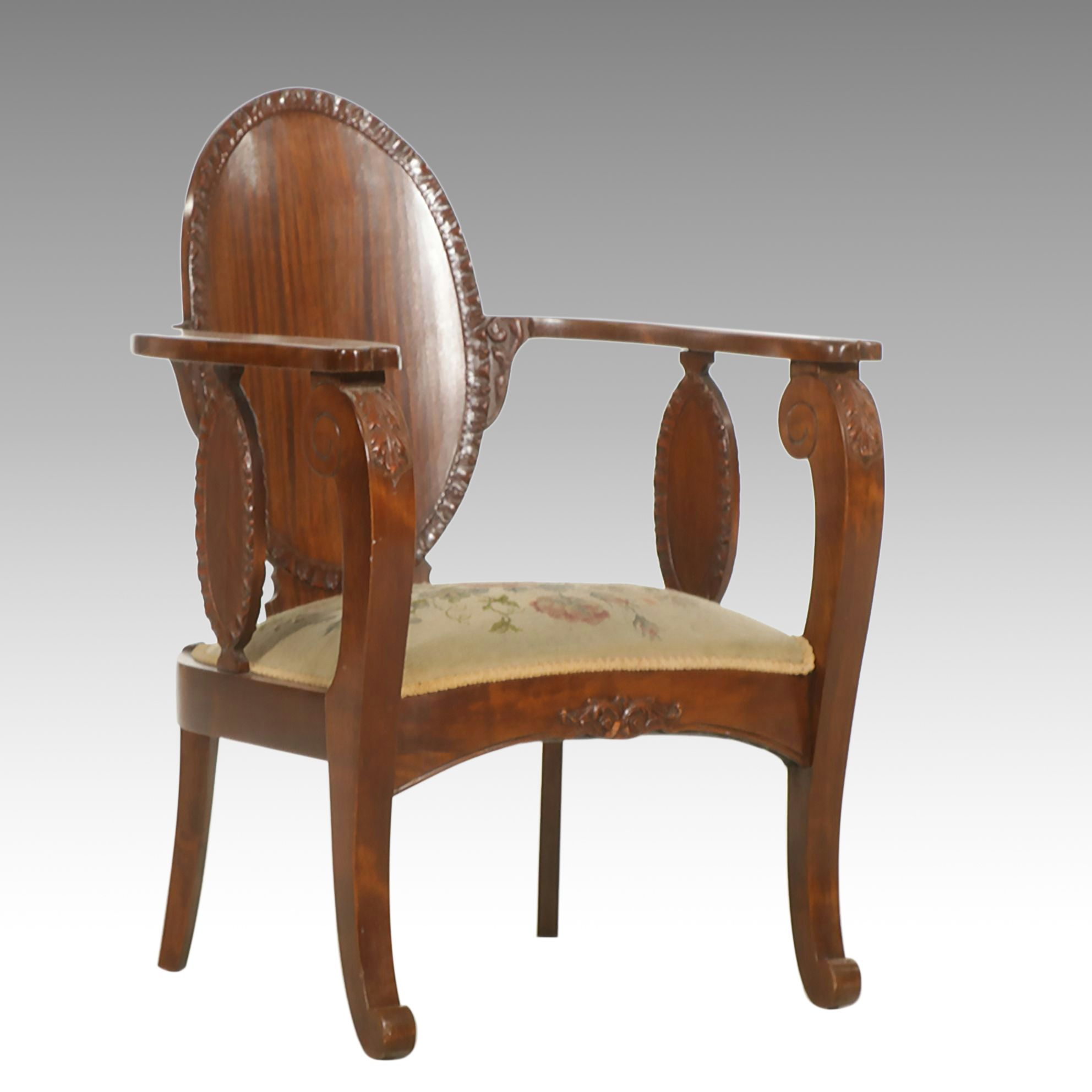 Empire Style Carved Mahogany Oval-Back Armchair with Needlepoint Upholstery