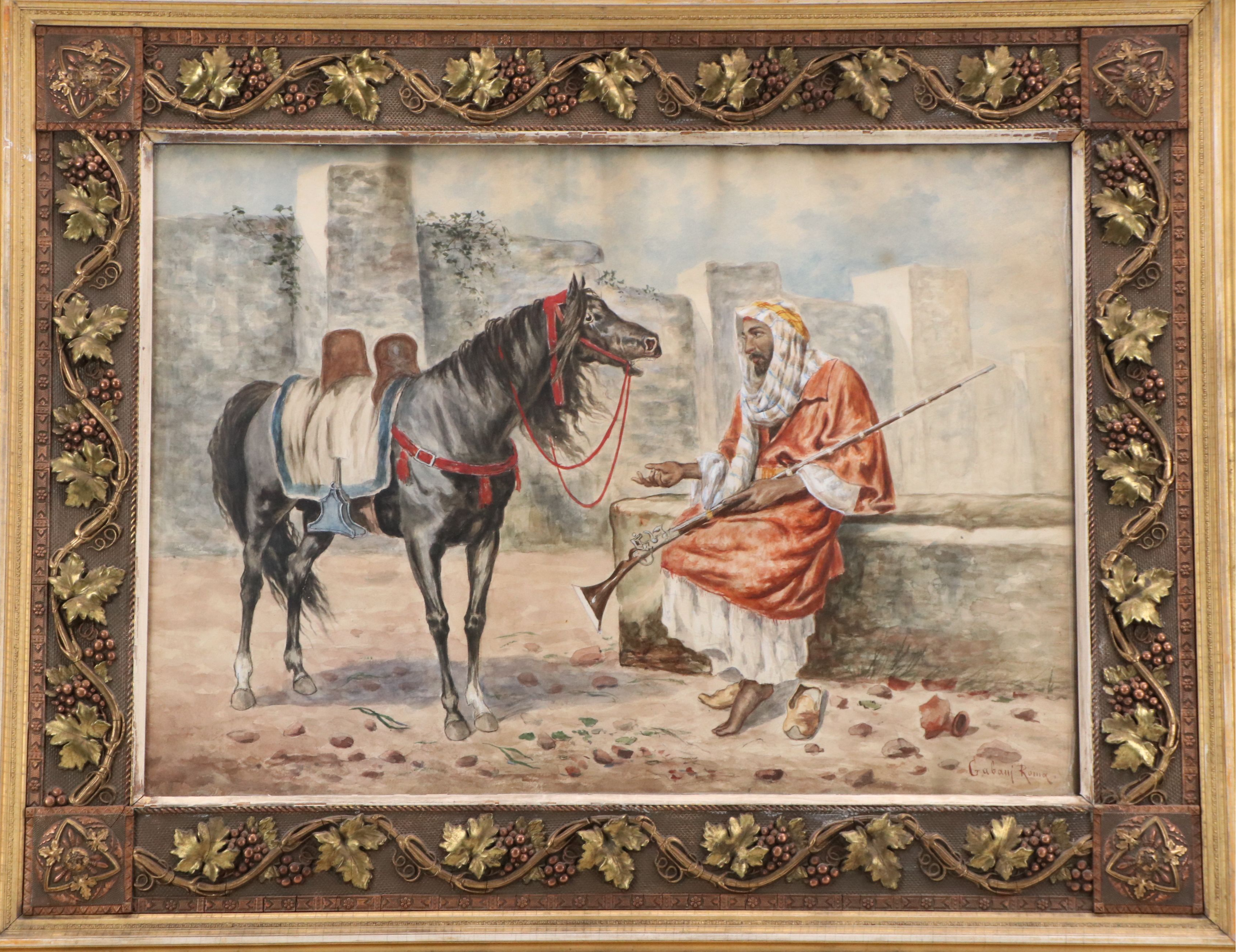 Giuseppe Gabani Orientalist Style Equine Watercolor Painting, 19th Century