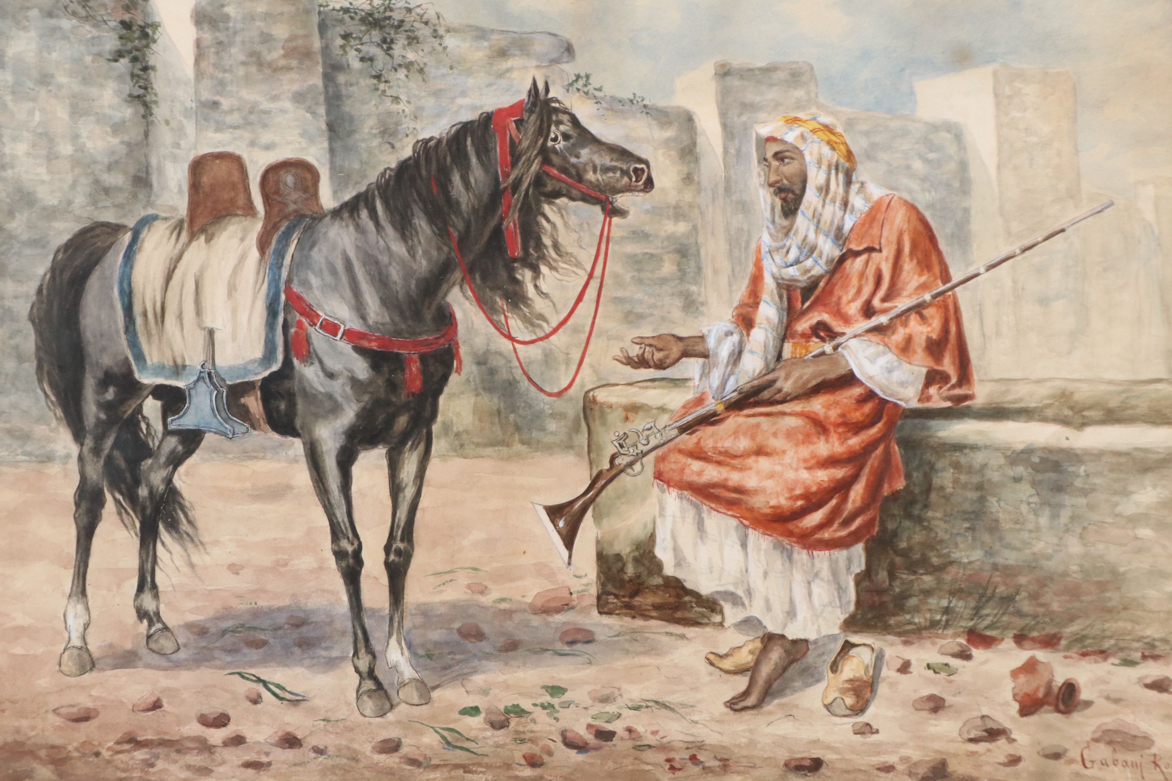 Giuseppe Gabani Orientalist Style Equine Watercolor Painting, 19th Century