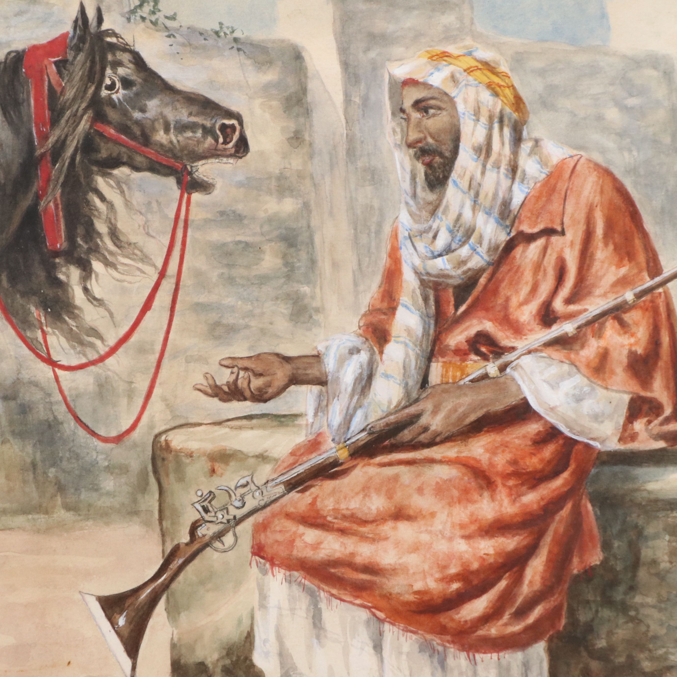 Giuseppe Gabani Orientalist Style Equine Watercolor Painting, 19th Century