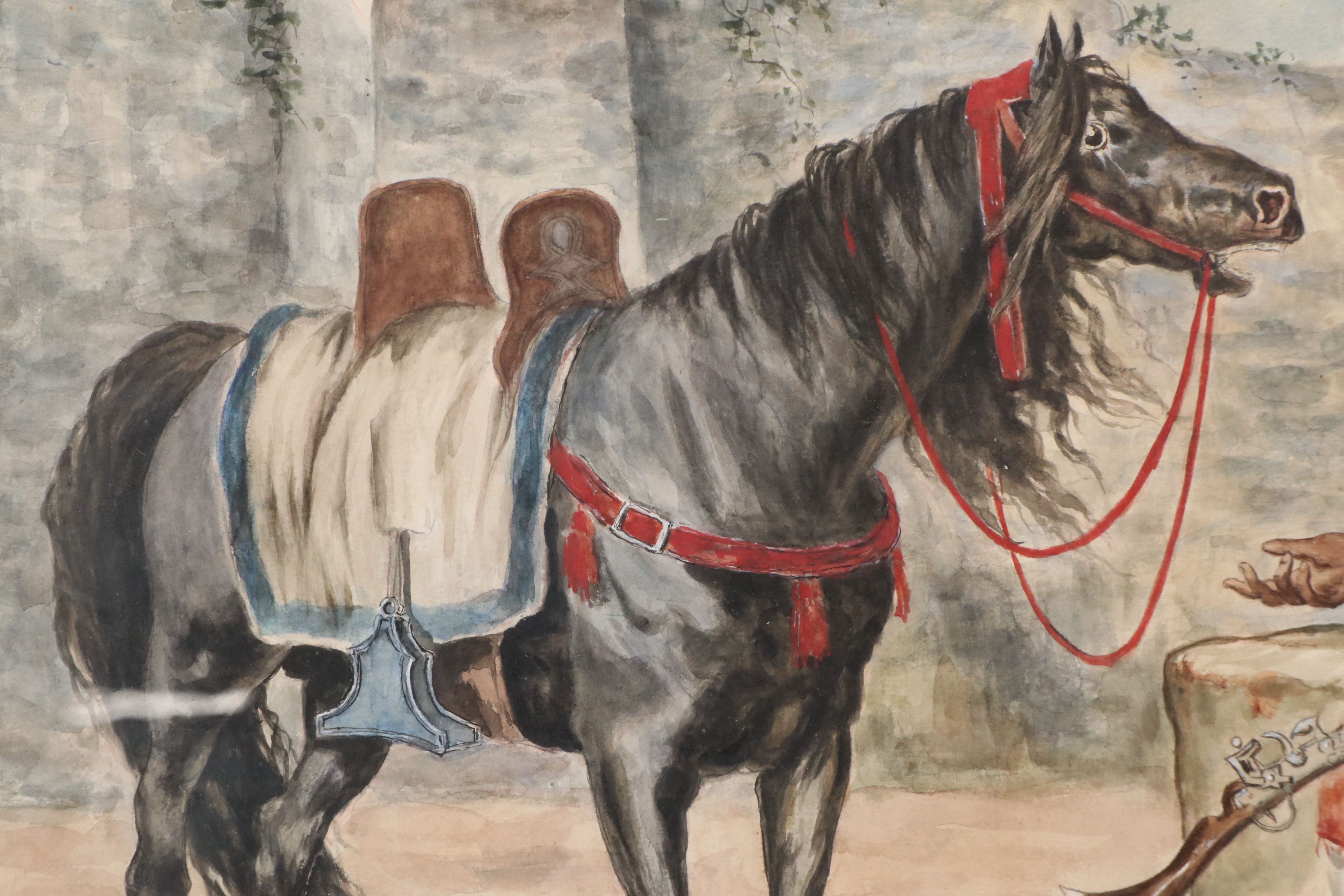 Giuseppe Gabani Orientalist Style Equine Watercolor Painting, 19th Century