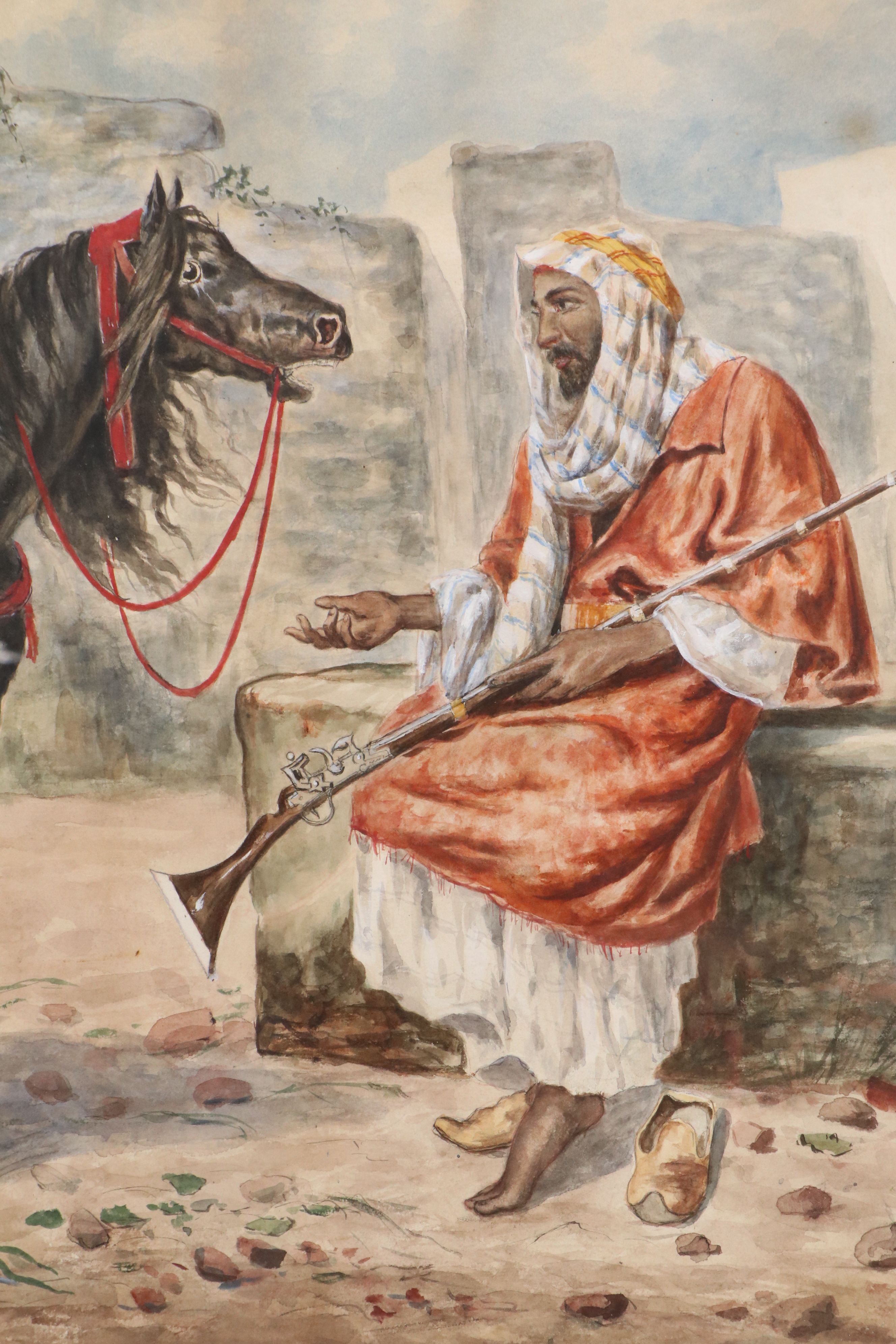 Giuseppe Gabani Orientalist Style Equine Watercolor Painting, 19th Century