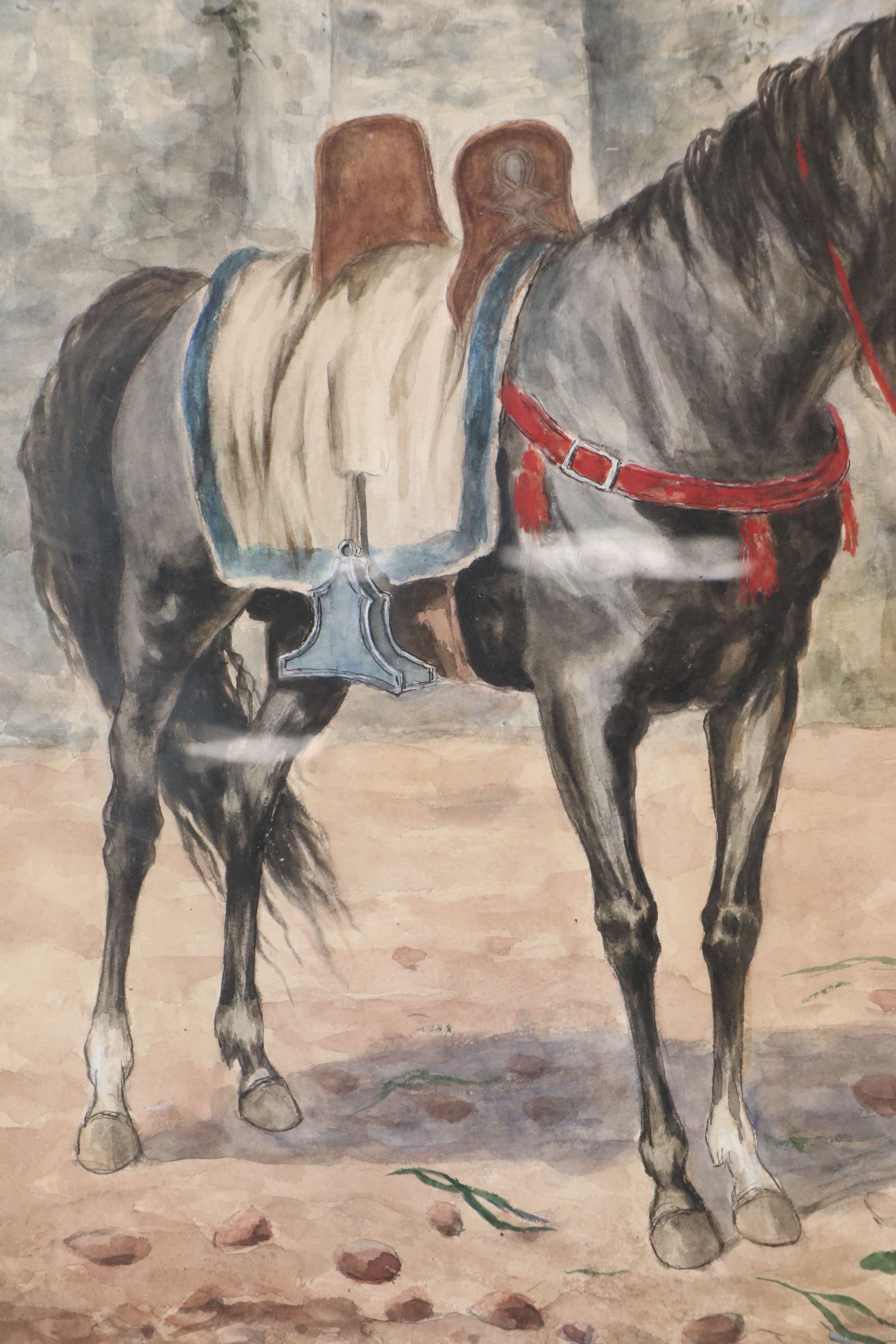 Giuseppe Gabani Orientalist Style Equine Watercolor Painting, 19th Century