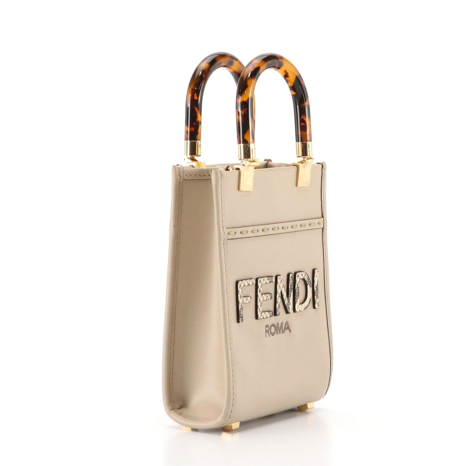 Fendi Mini Sunshine Top Handle Shopper Tote in Taupe Leather w/ Faux Snakeskin