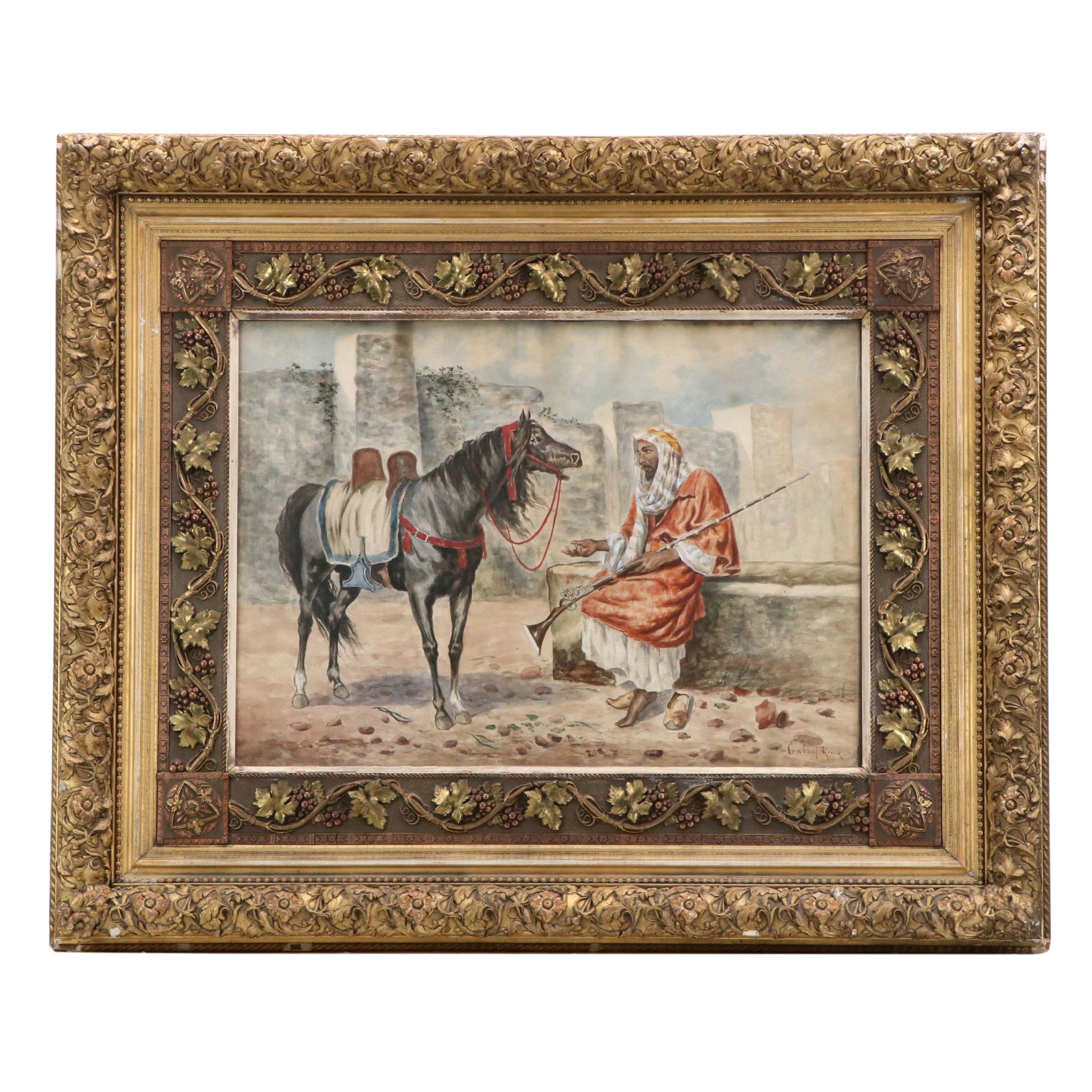 Giuseppe Gabani Orientalist Style Equine Watercolor Painting, 19th Century