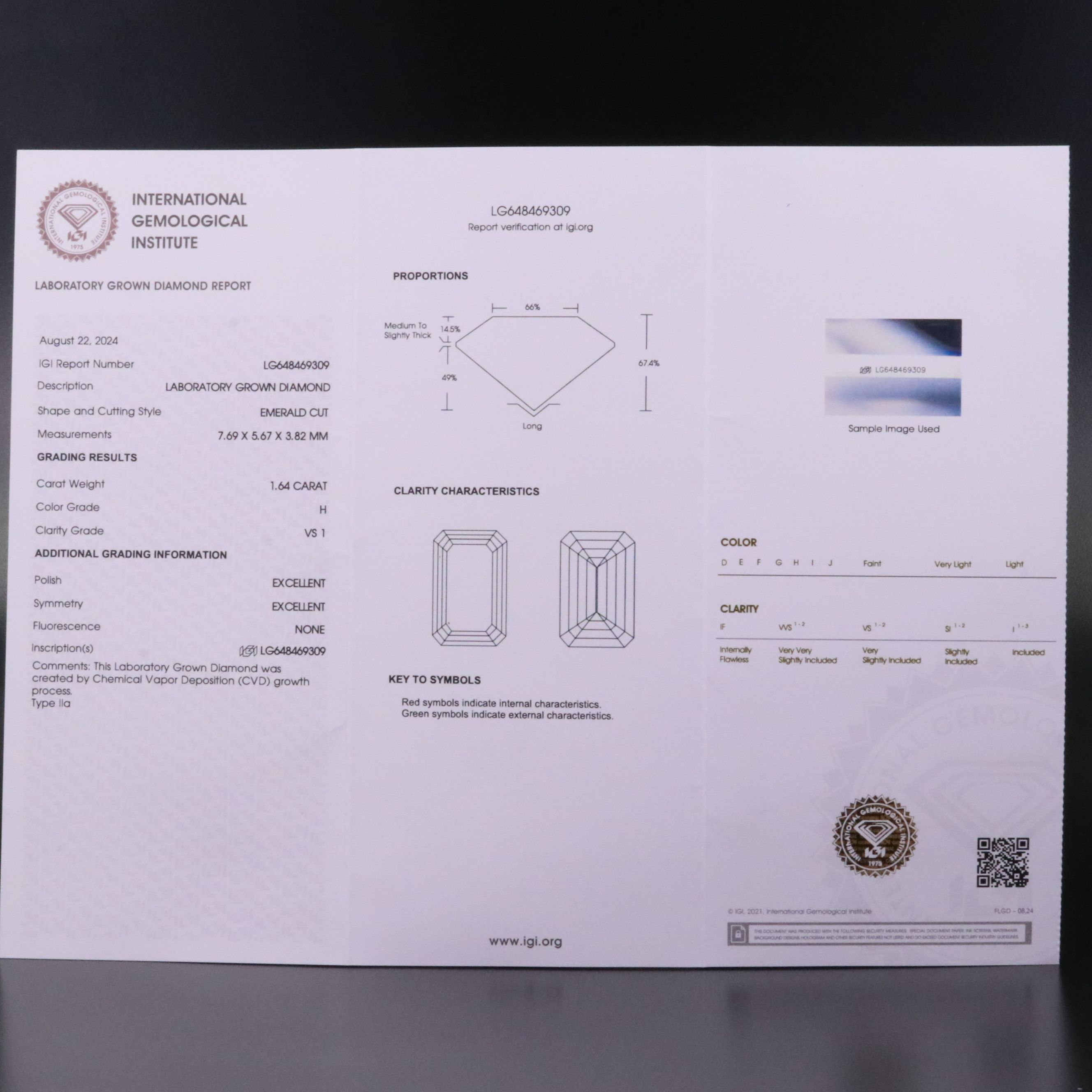 Loose 1.64 CT Lab Grown Diamond with IGI Report