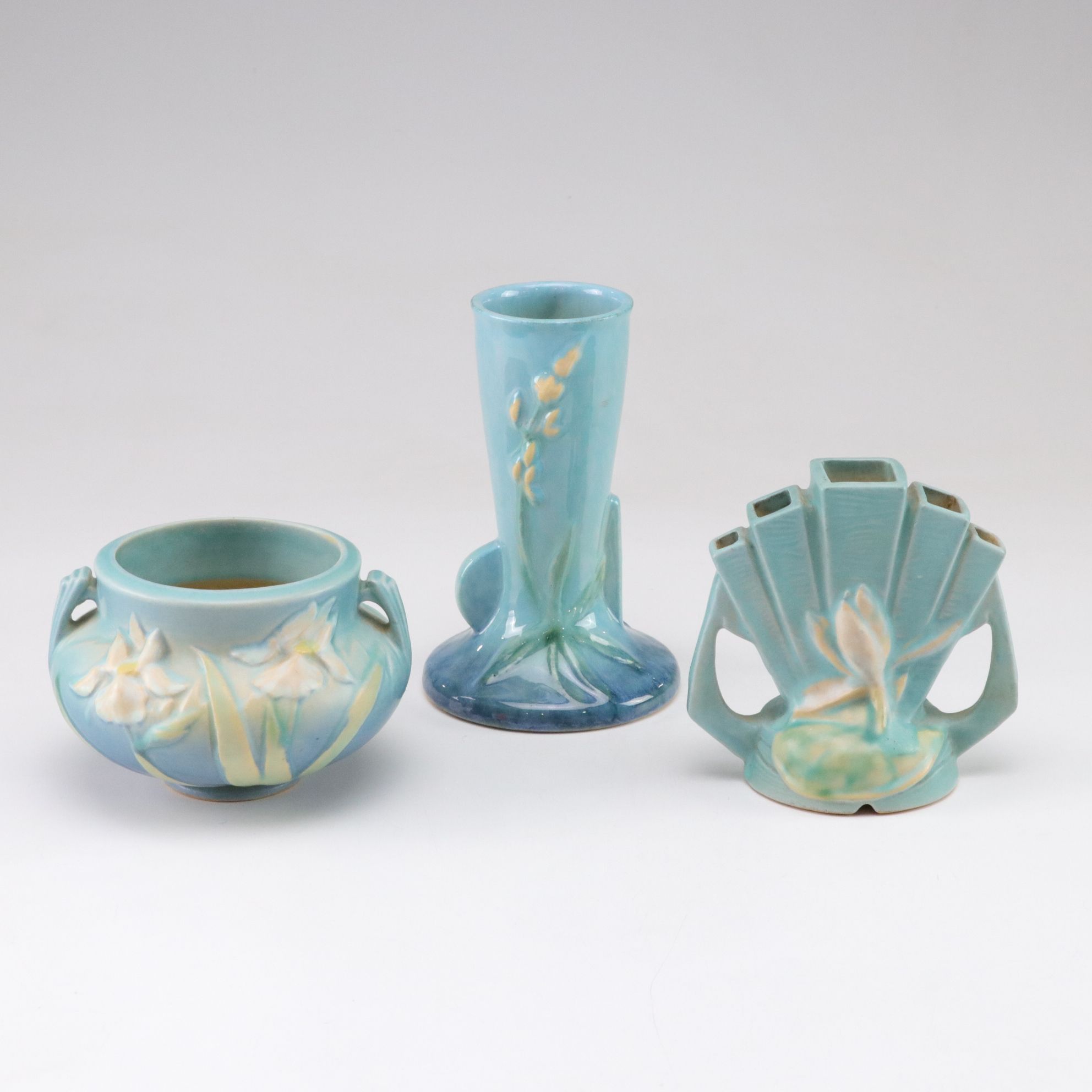 Roseville Pottery "Iris Blue" Planter and Vases