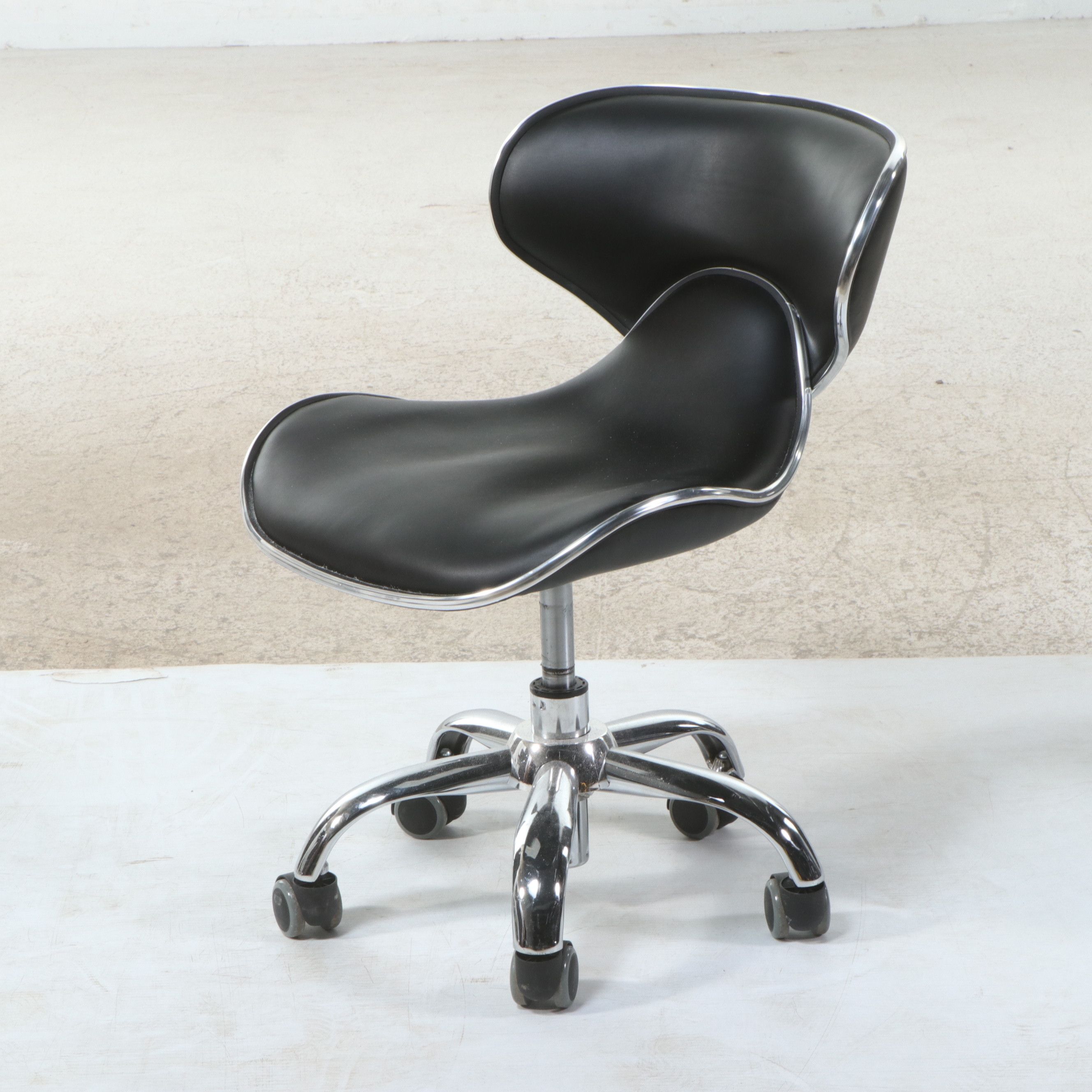 Pair of AYC Group Chrome and Black Vinyl Butterfly Salon Stools