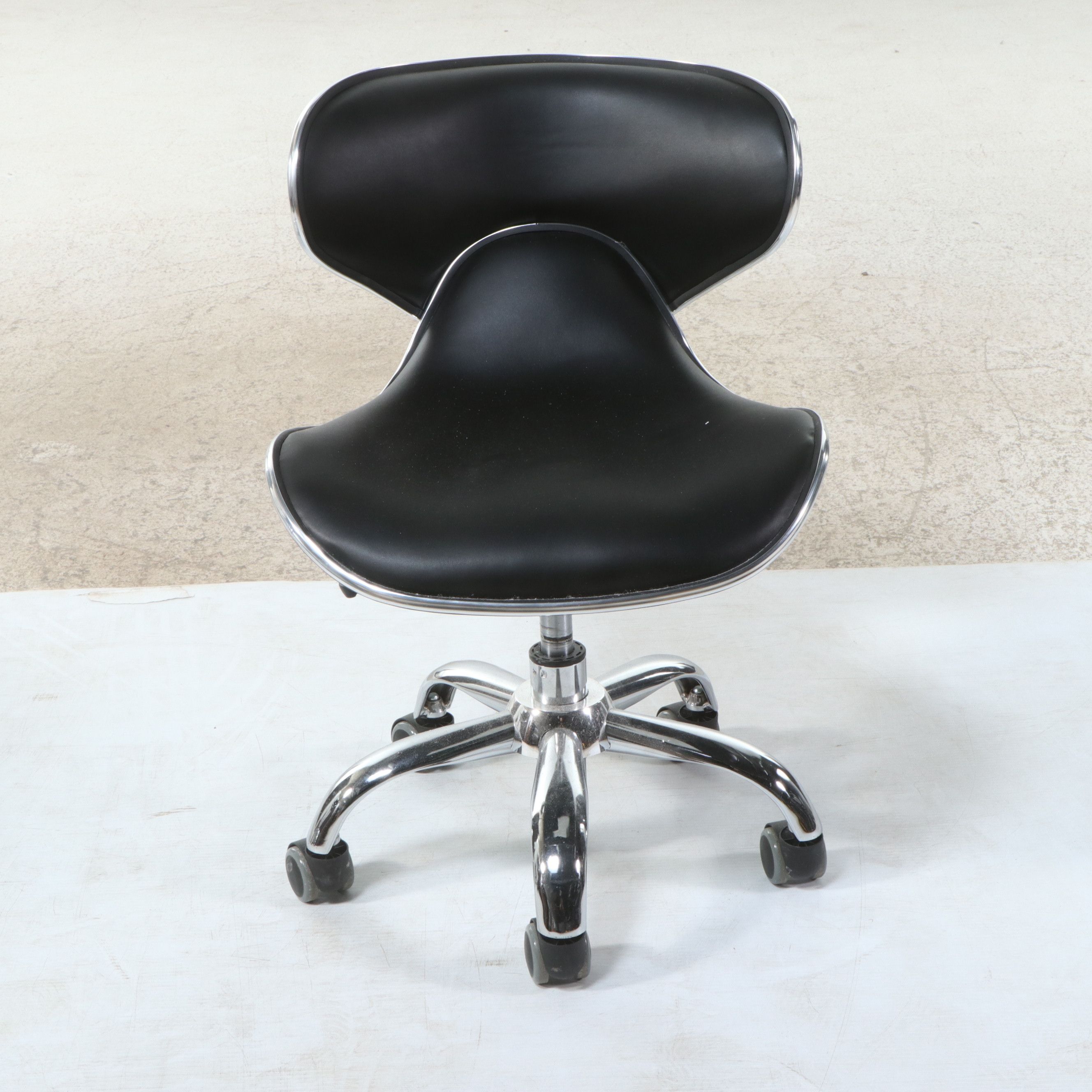 Pair of AYC Group Chrome and Black Vinyl Butterfly Salon Stools