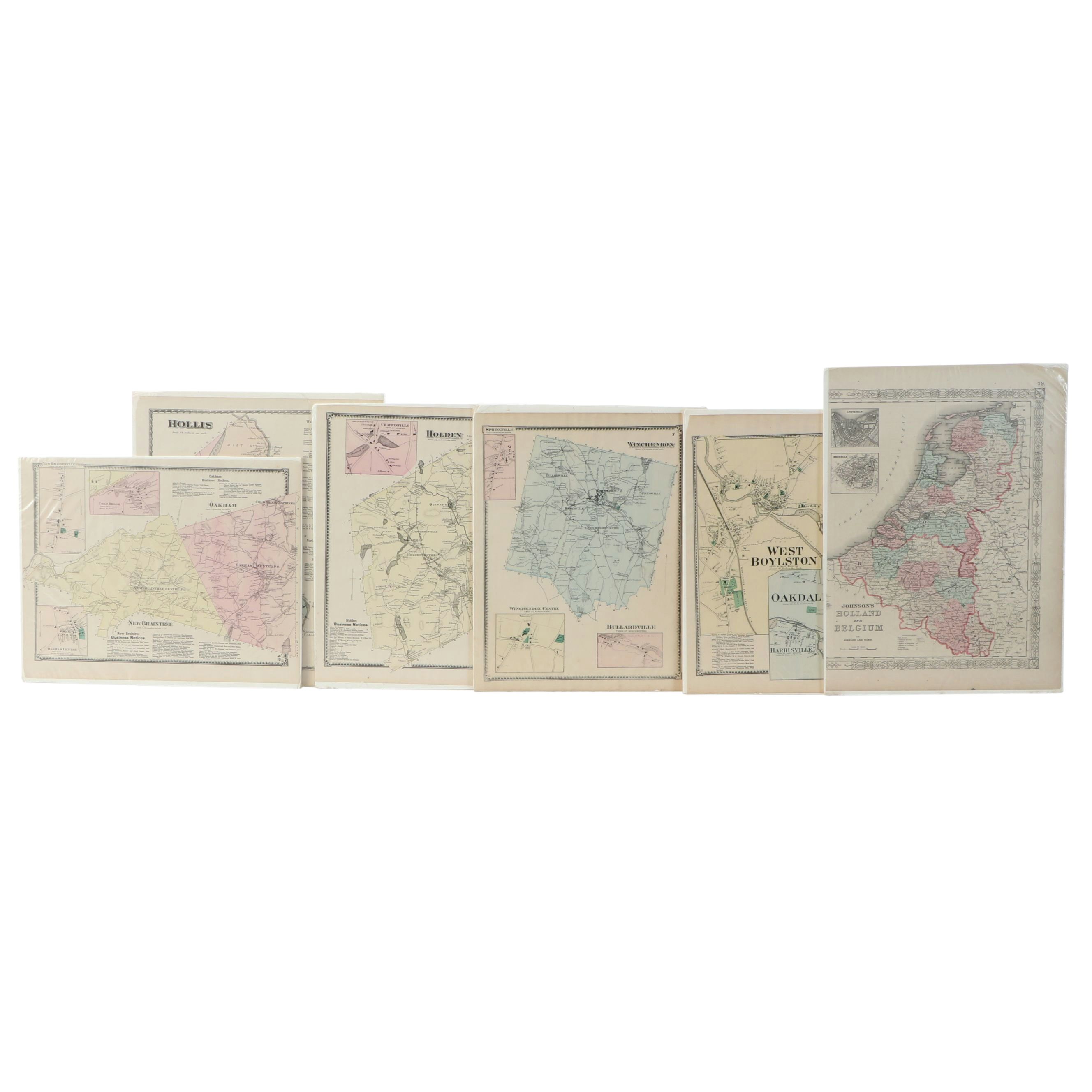 "Hollis" with Other Hand-Colored Lithographic Maps, Late 19th Century
