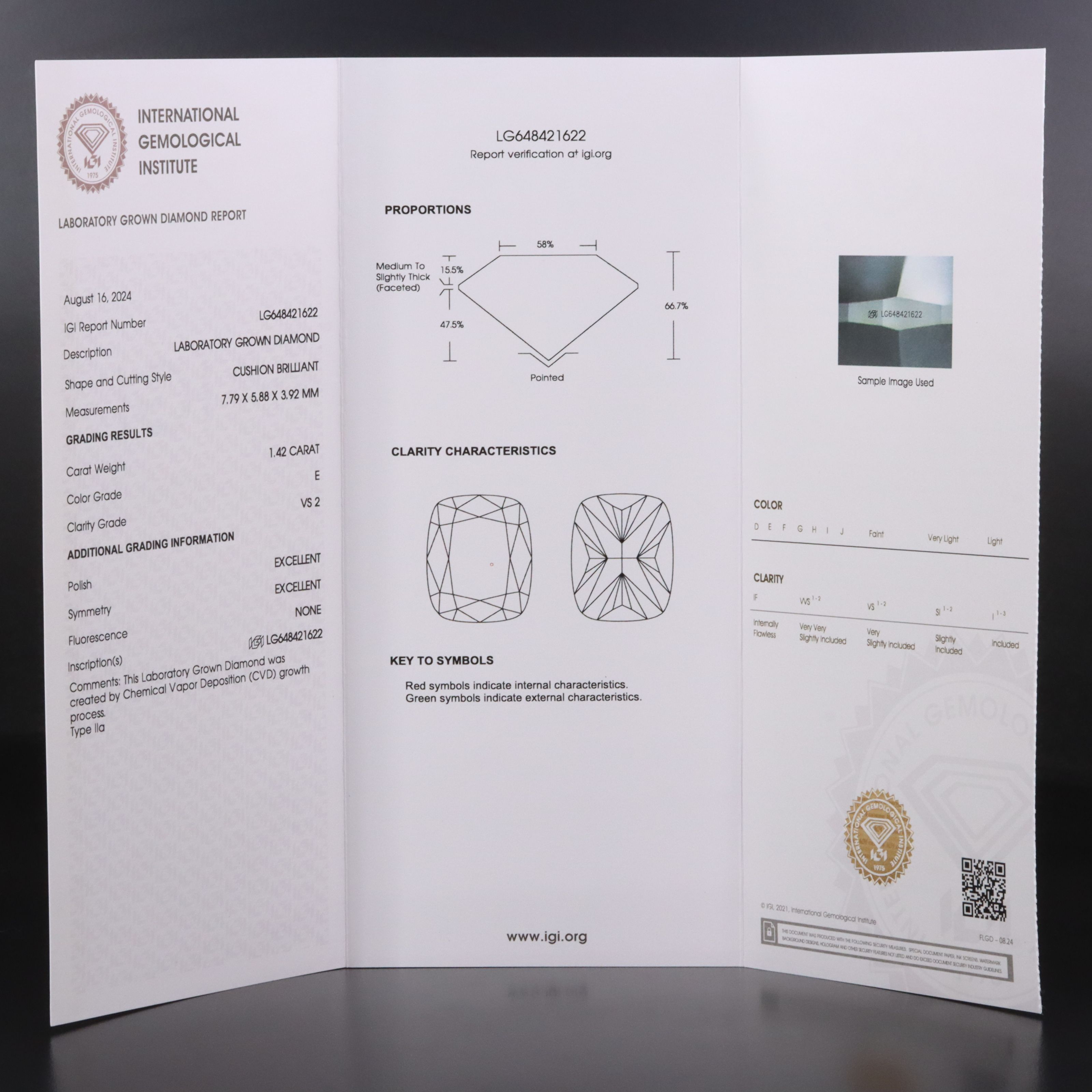 Loose 1.42 CT Lab Grown Diamond with IGI Report