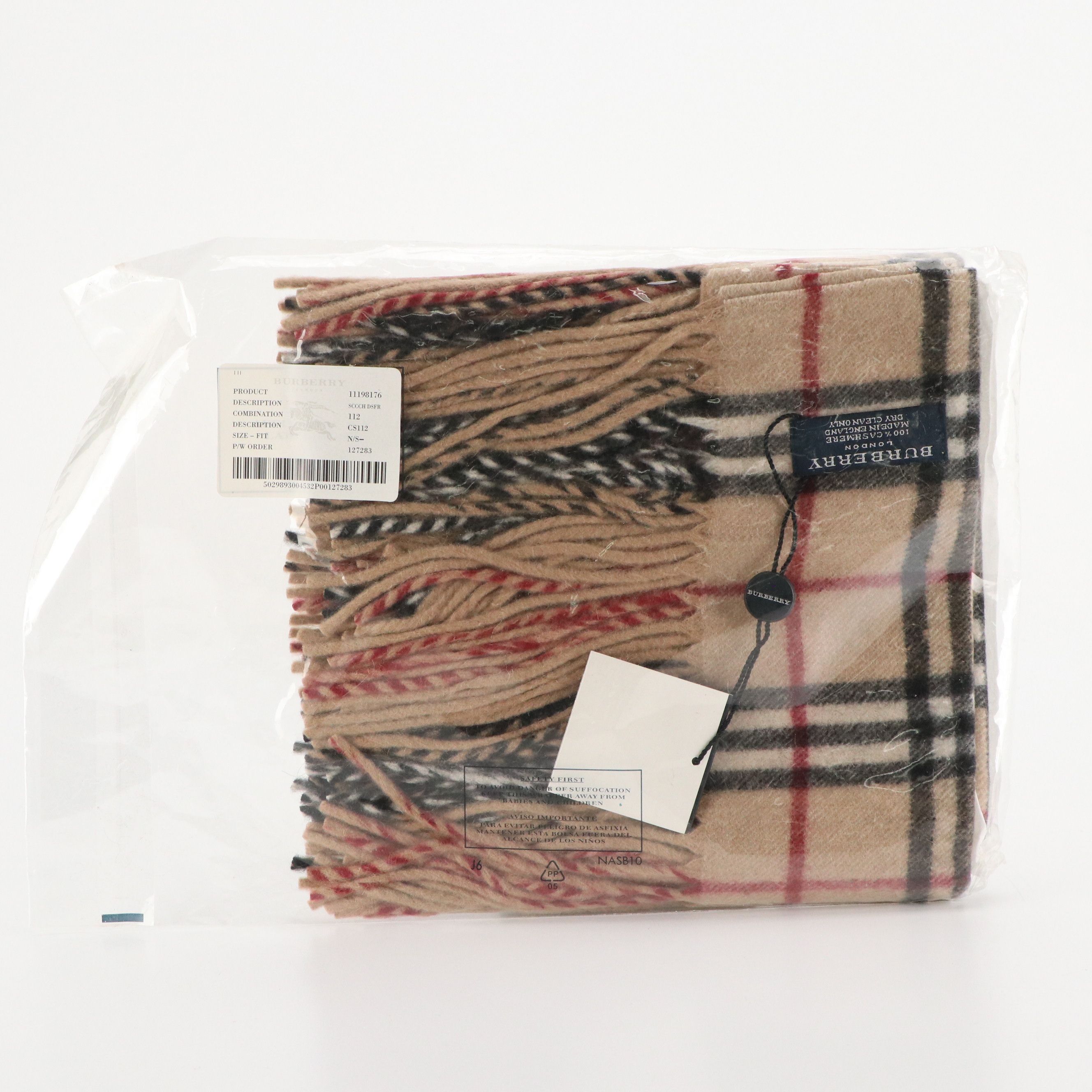 Burberry London Double-Fringe Happy Scarf in House Check Cashmere, With Tags