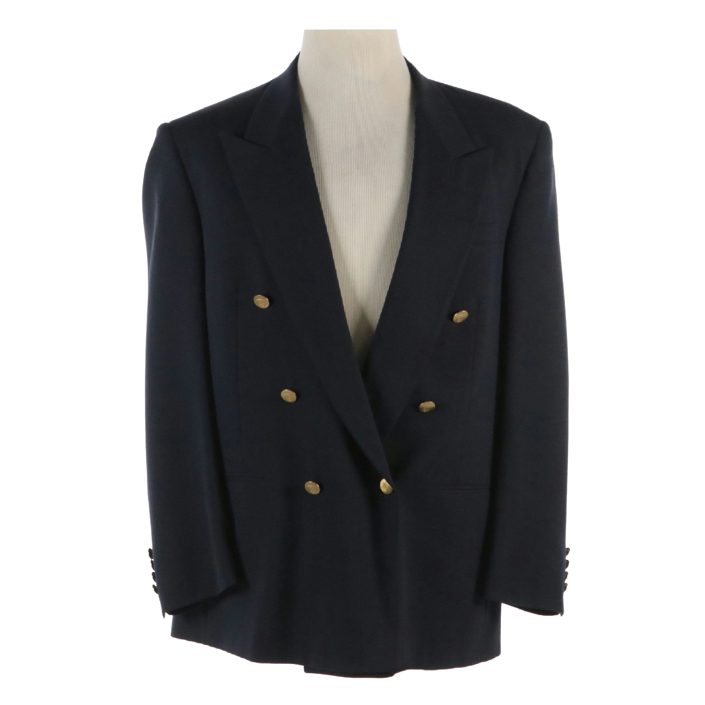 Men's Christian Dior Navy Blue Wool Double-Breasted Blazer with Crest Buttons