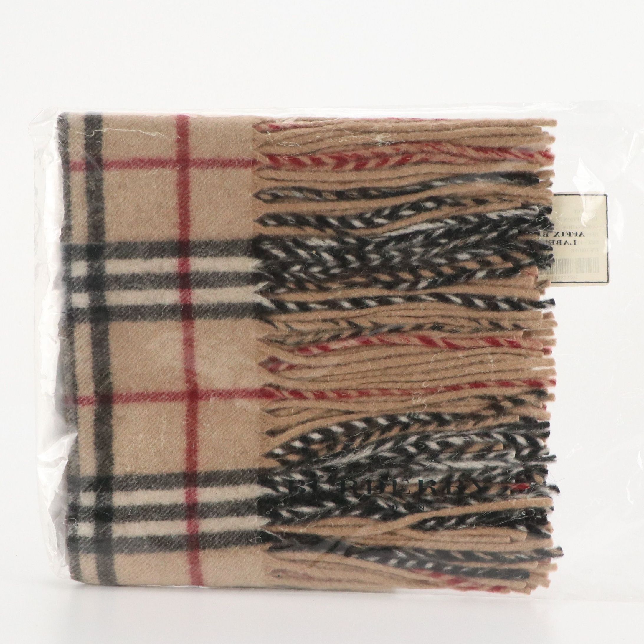 Burberry London Double-Fringe Happy Scarf in House Check Cashmere, With Tags