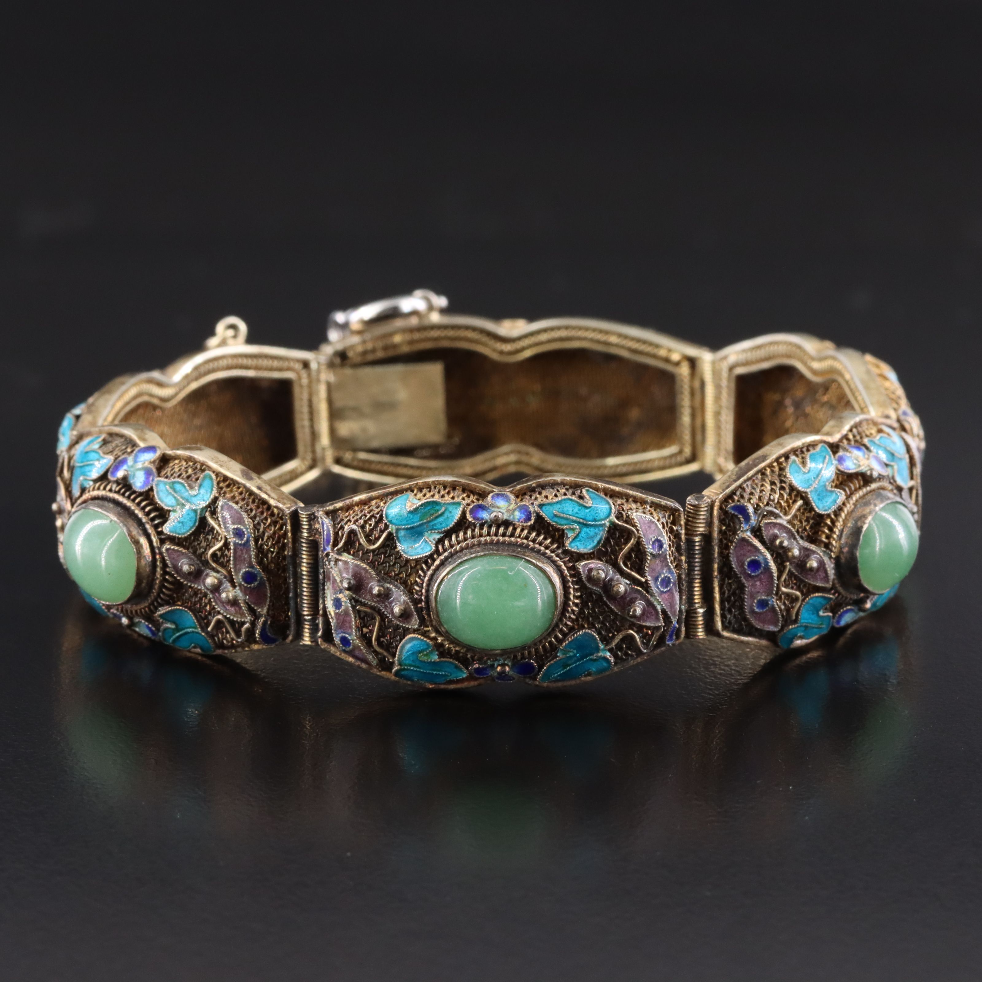 Chinese Export Sterling Aventurine and Enamel Cannetille Bracelet