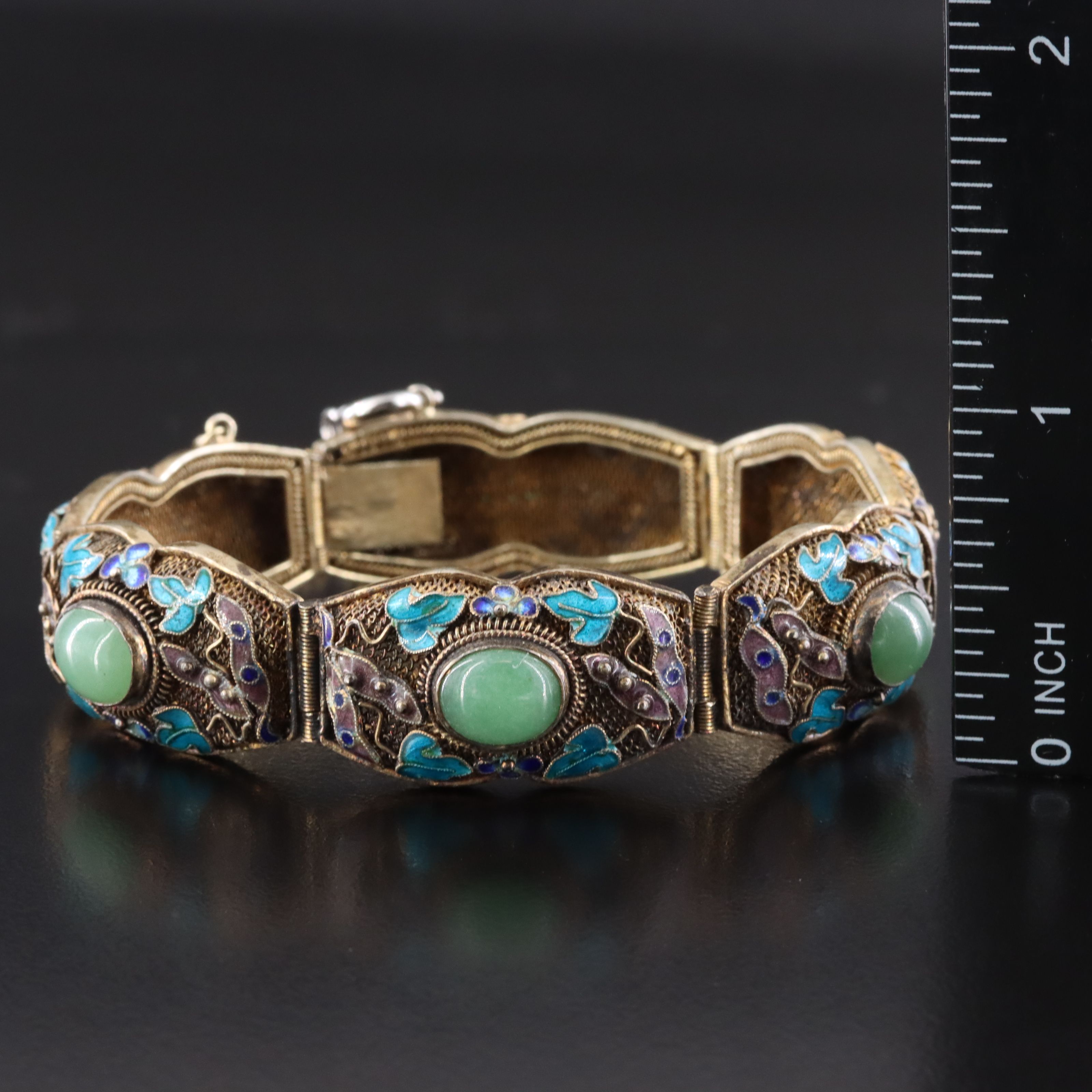 Chinese Export Sterling Aventurine and Enamel Cannetille Bracelet