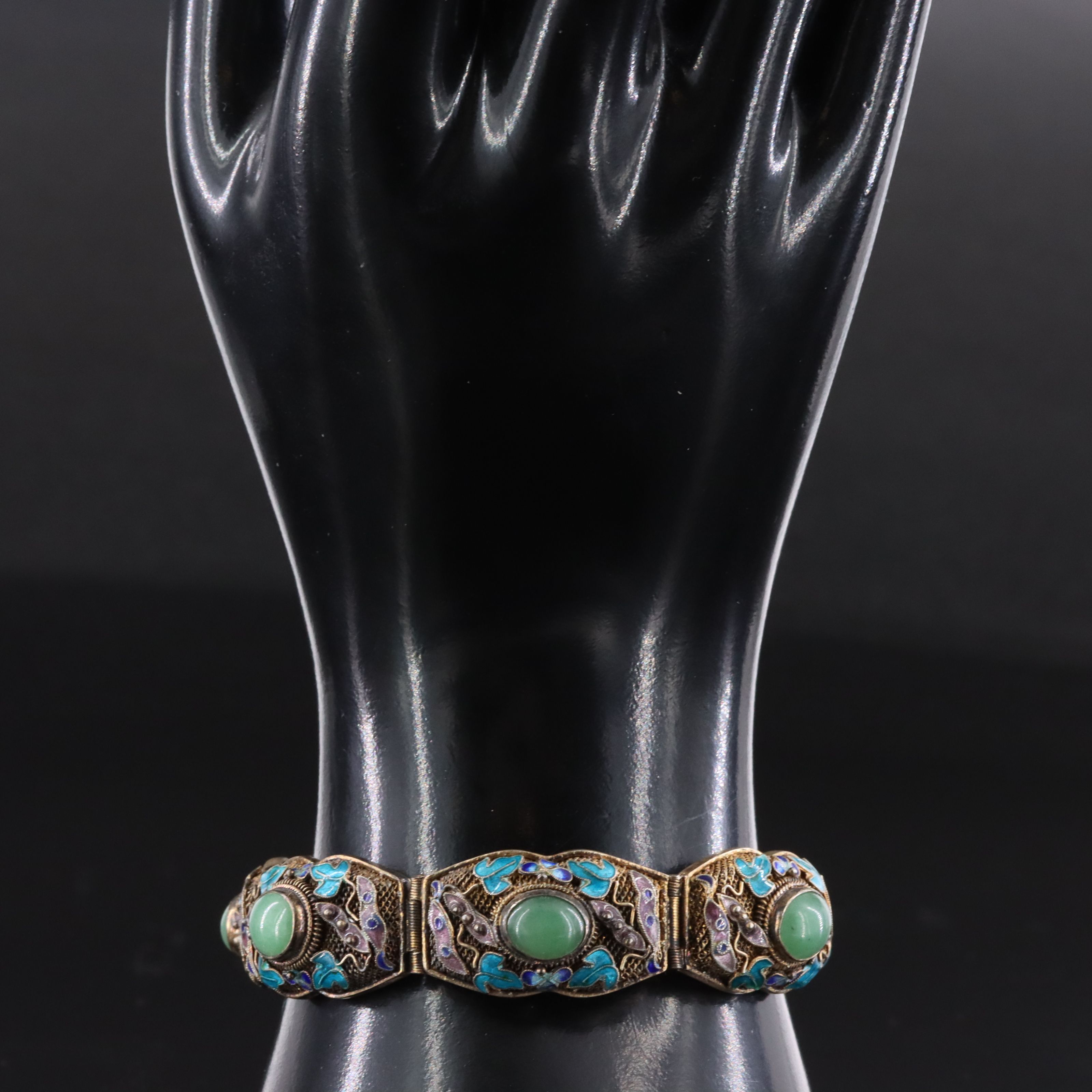 Chinese Export Sterling Aventurine and Enamel Cannetille Bracelet