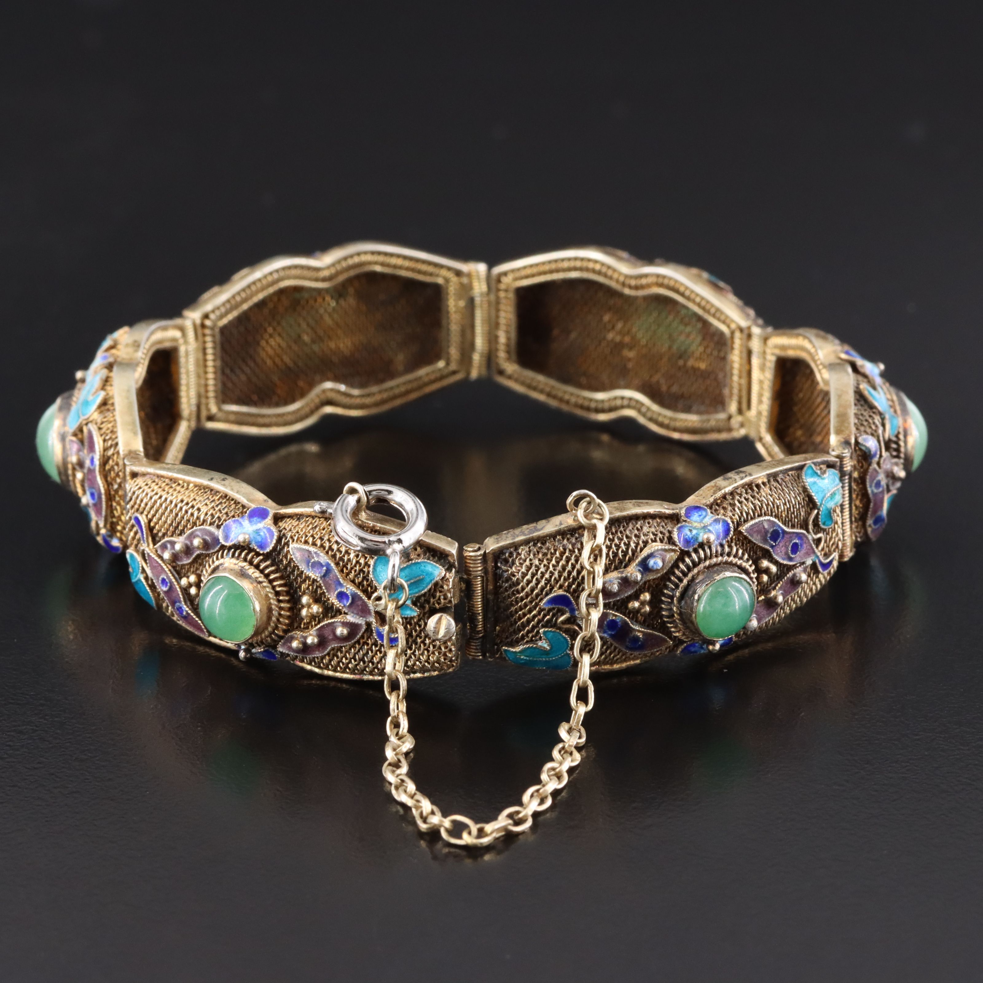 Chinese Export Sterling Aventurine and Enamel Cannetille Bracelet