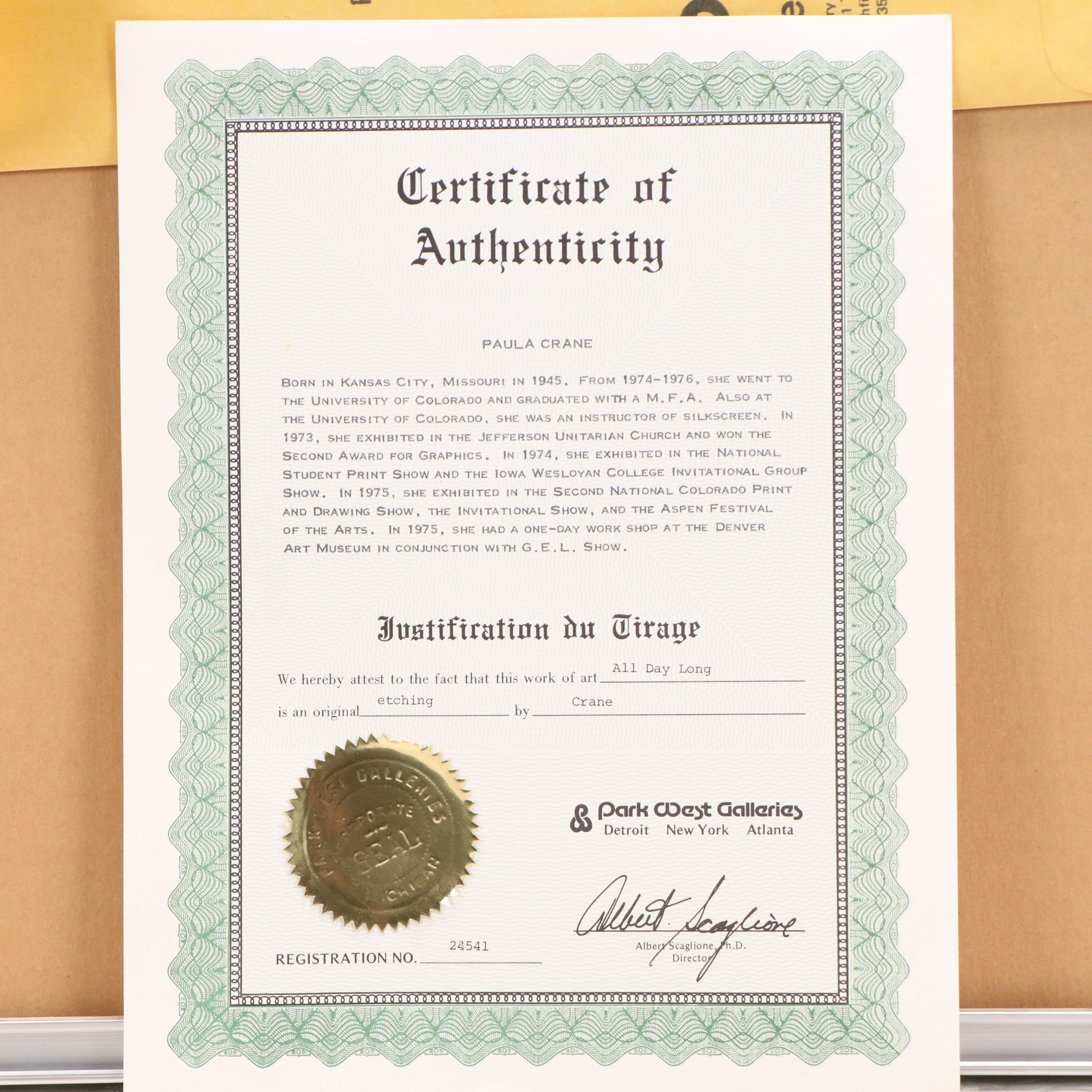 Paula Crane Etching "All Day Long"